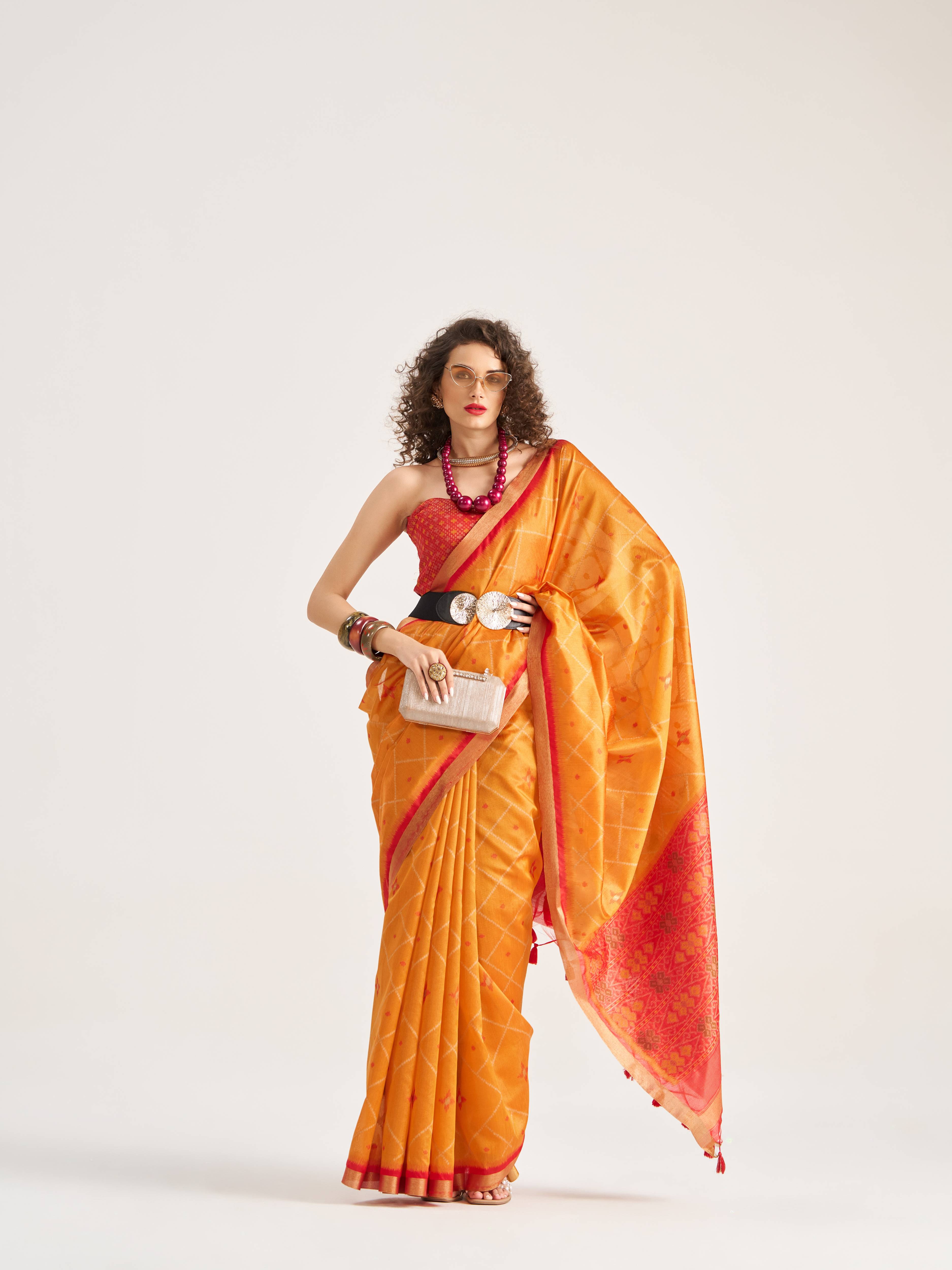 DEEP ORANGE HANDWOVEN BUTTERFLY ART SILK SAREE