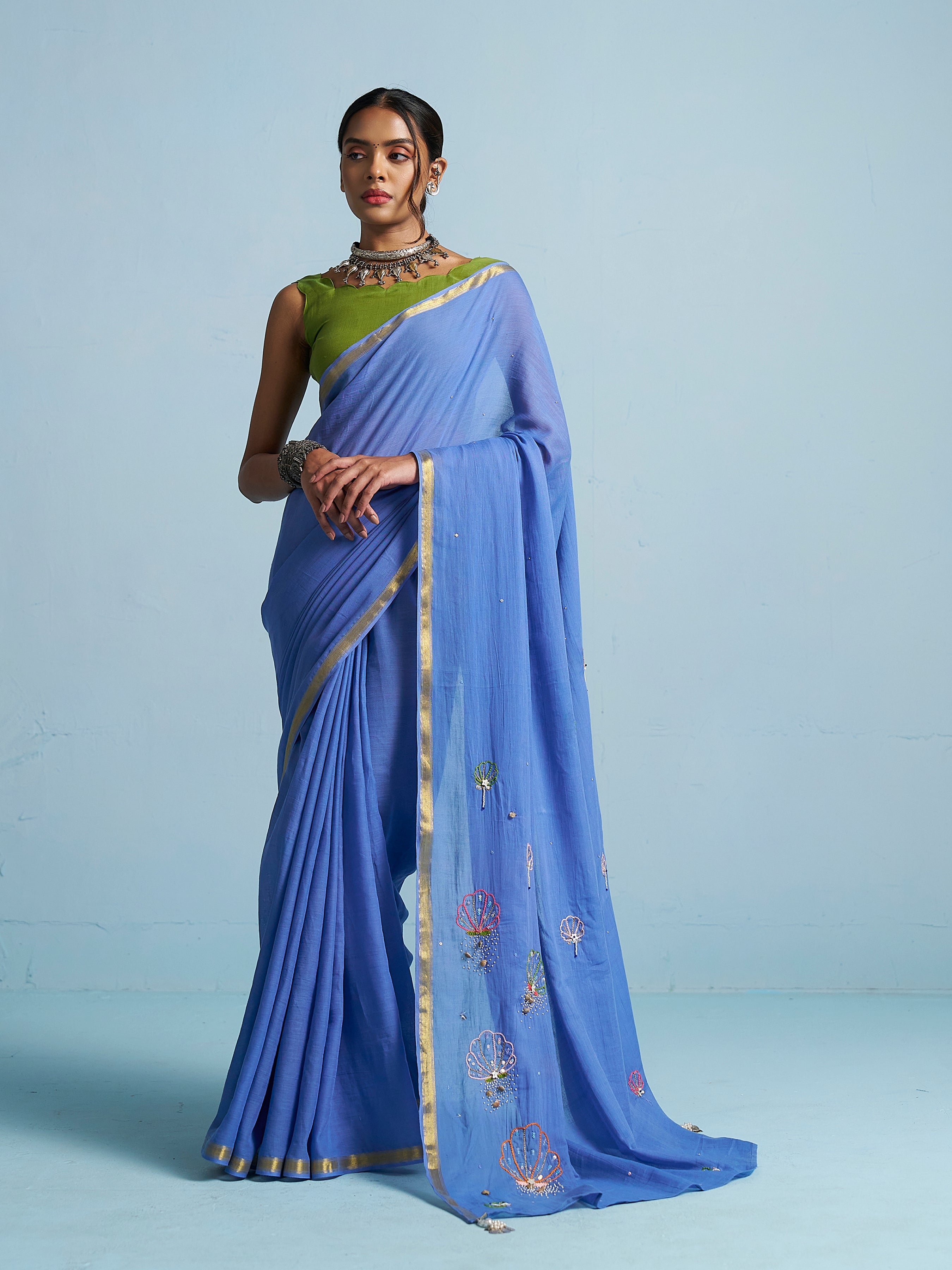 ROYAL BLUE VISCOSE MUL THREAD WORK SAREES