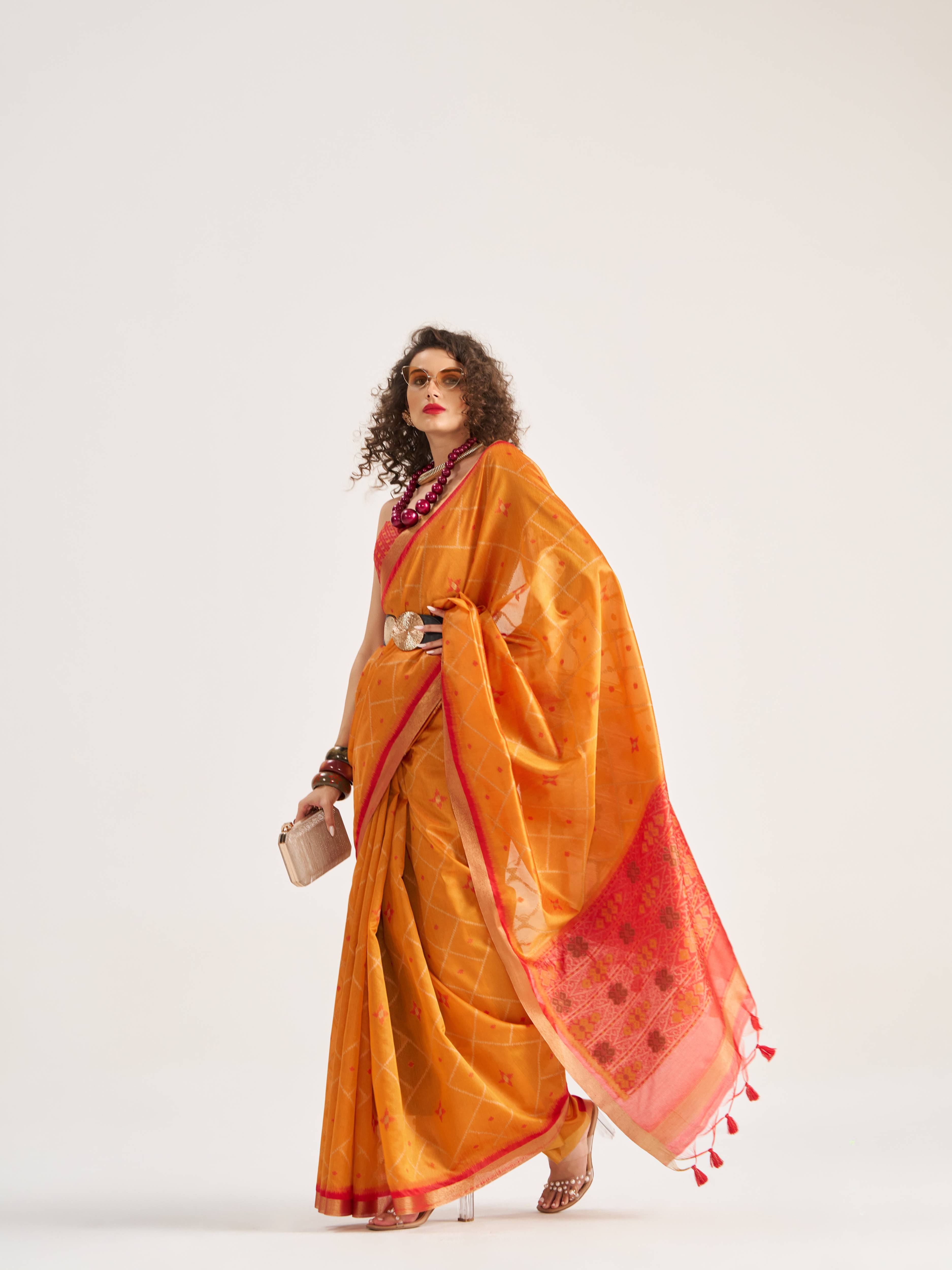 DEEP ORANGE HANDWOVEN BUTTERFLY ART SILK SAREE