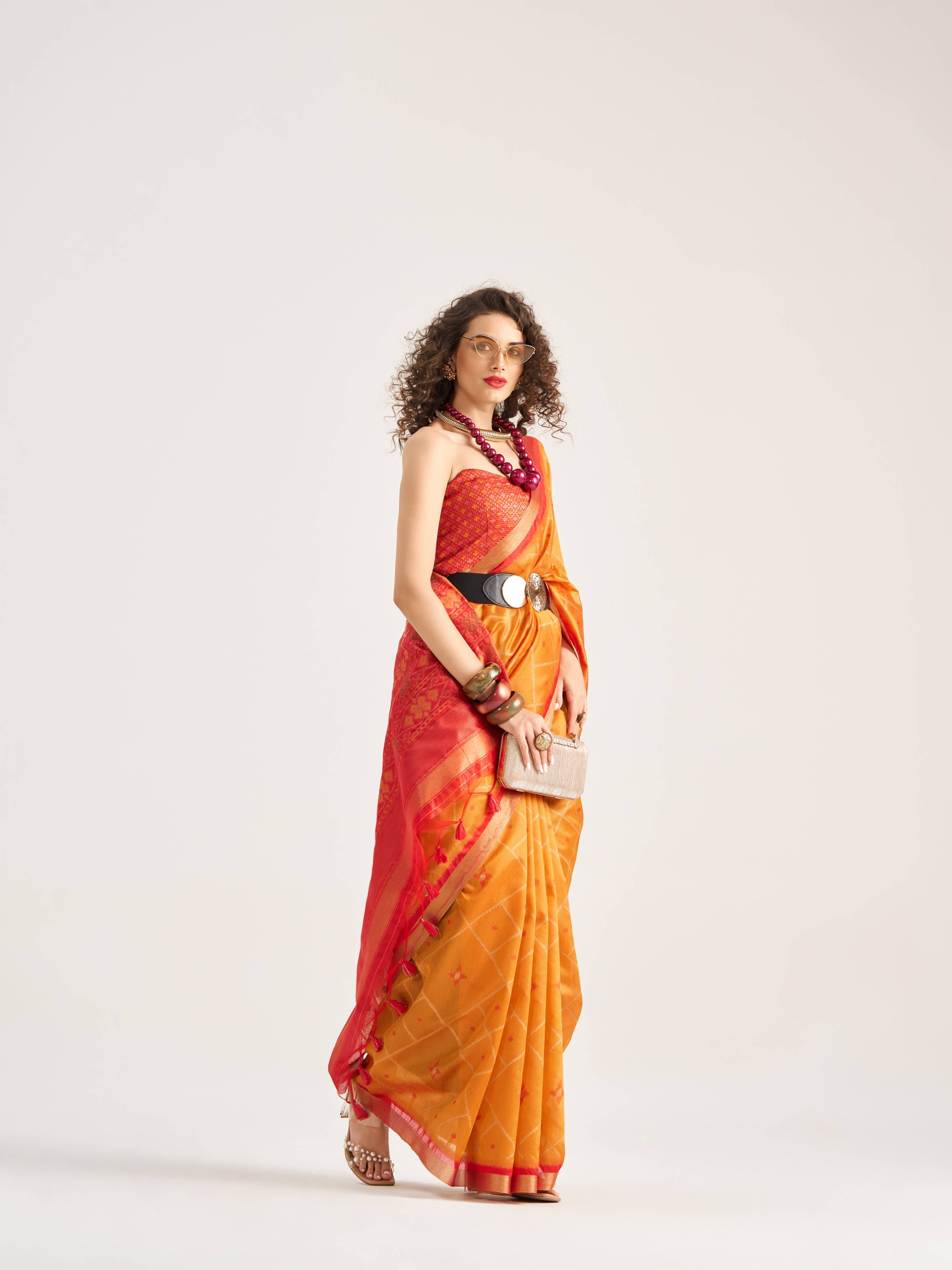 DEEP ORANGE HANDWOVEN BUTTERFLY ART SILK SAREE