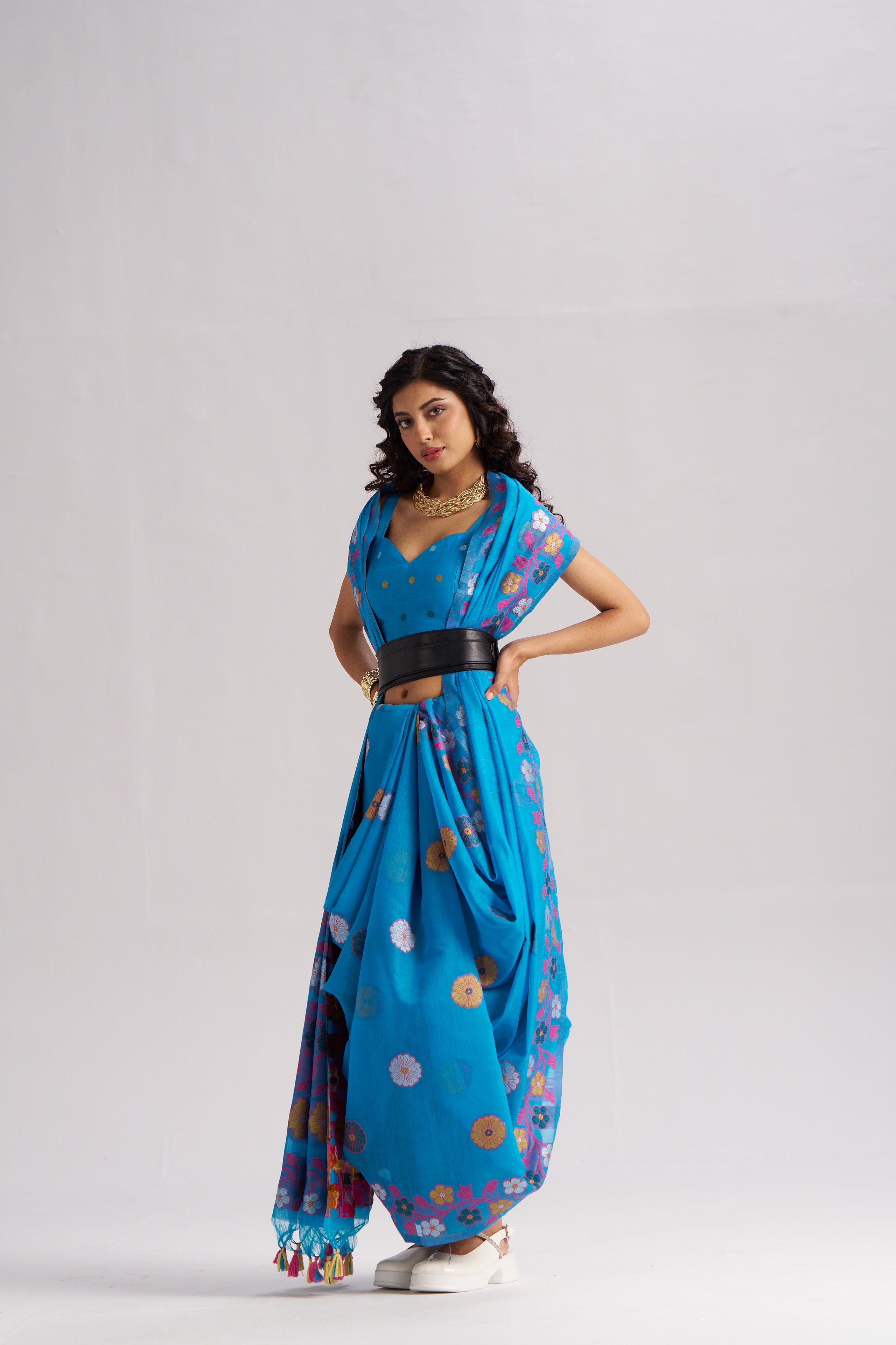 TURQUOISE BLUE COTTON SILK GARDENIA SAREE
