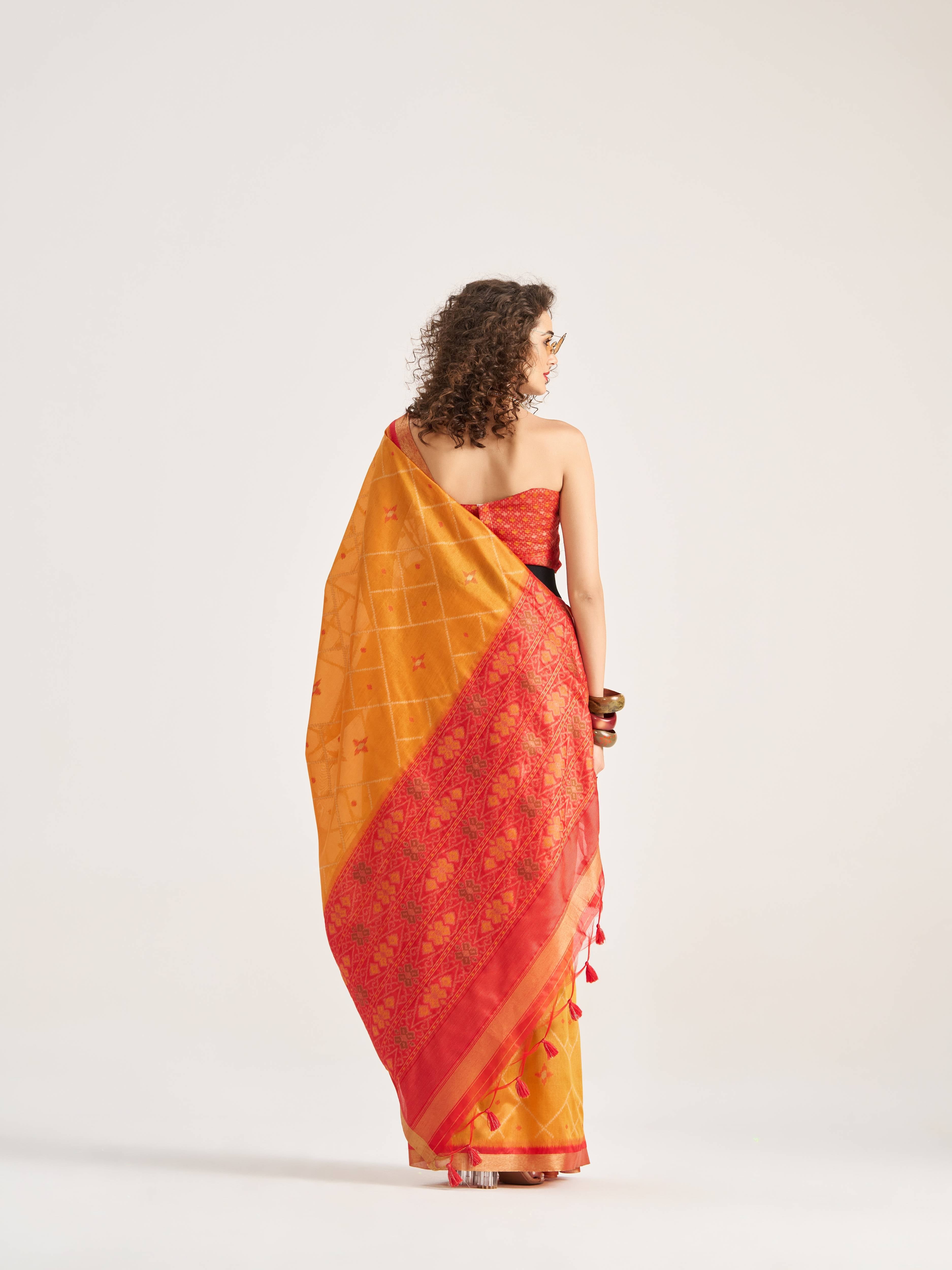 DEEP ORANGE HANDWOVEN BUTTERFLY ART SILK SAREE