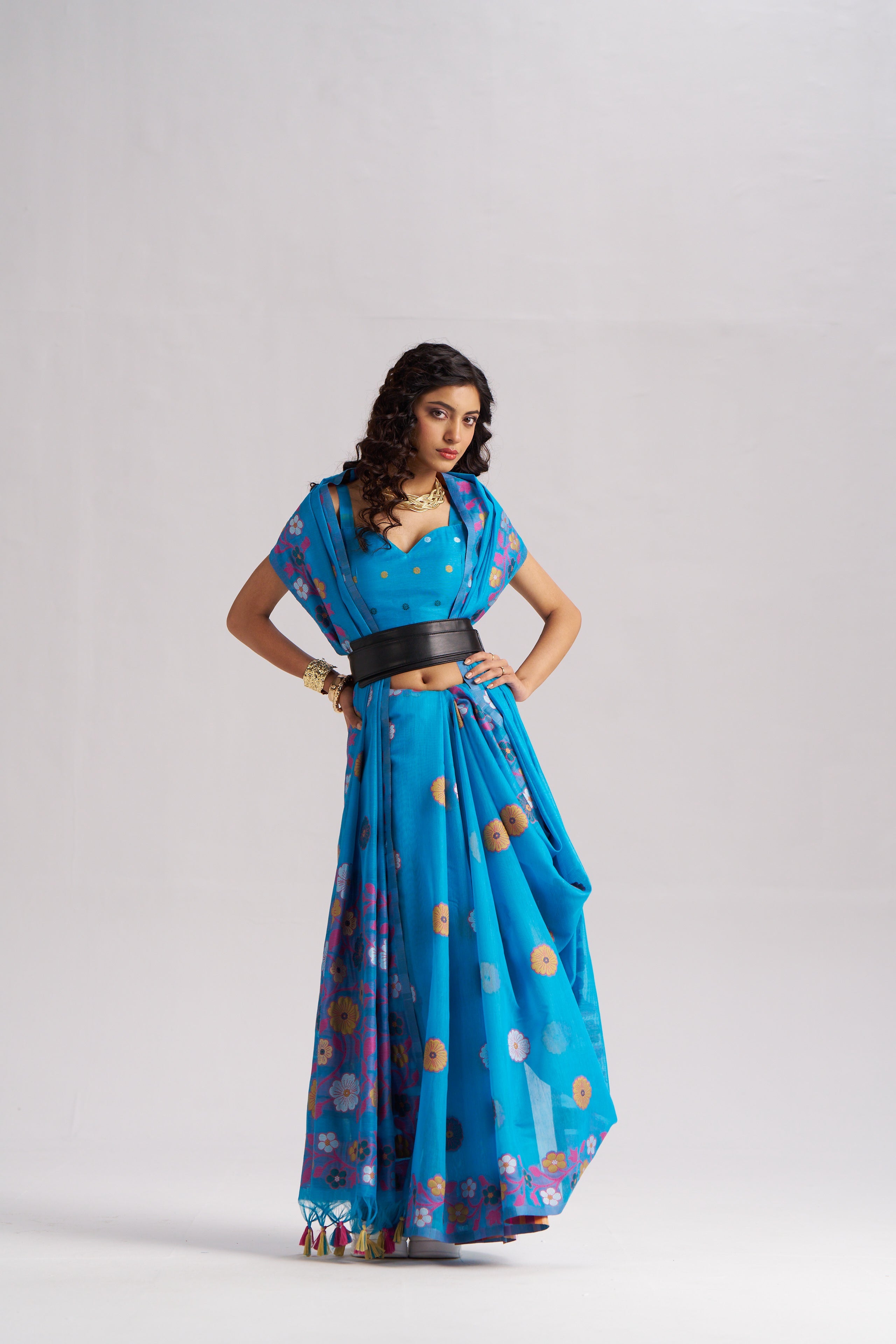 TURQUOISE BLUE COTTON SILK GARDENIA SAREE