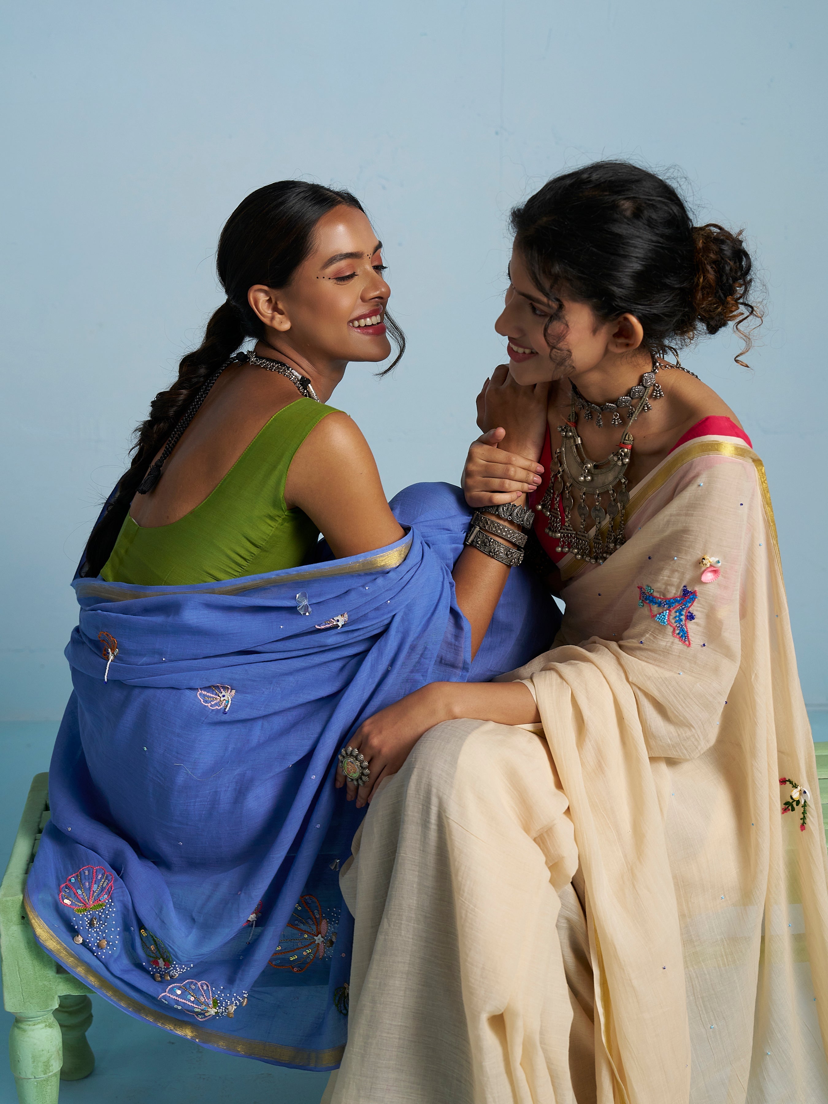 BEIGE VISCOSE MUL THREAD WORK SAREES