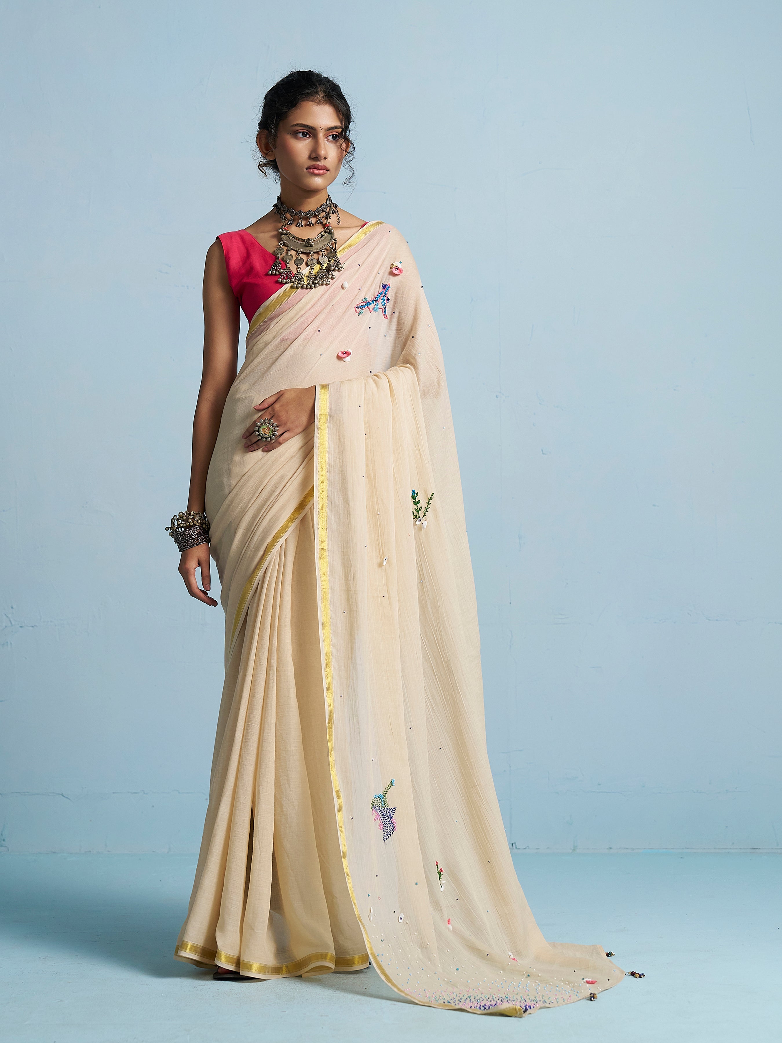 BEIGE VISCOSE MUL THREAD WORK SAREES