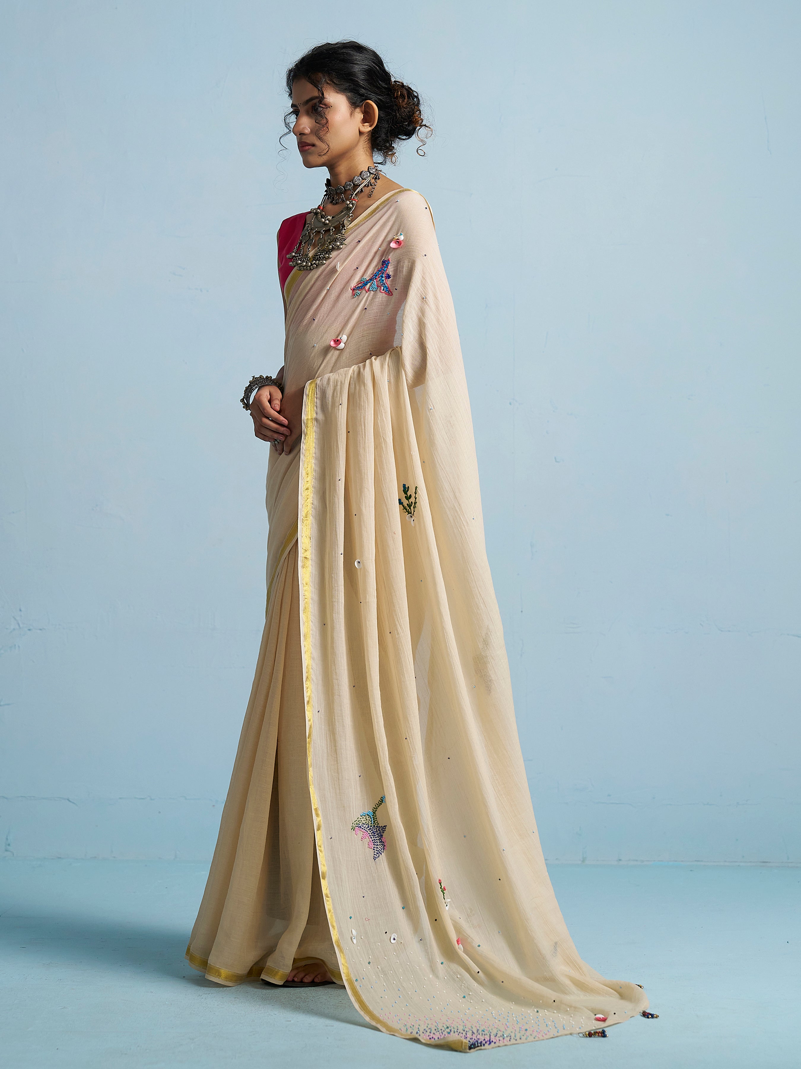 BEIGE VISCOSE MUL THREAD WORK SAREES