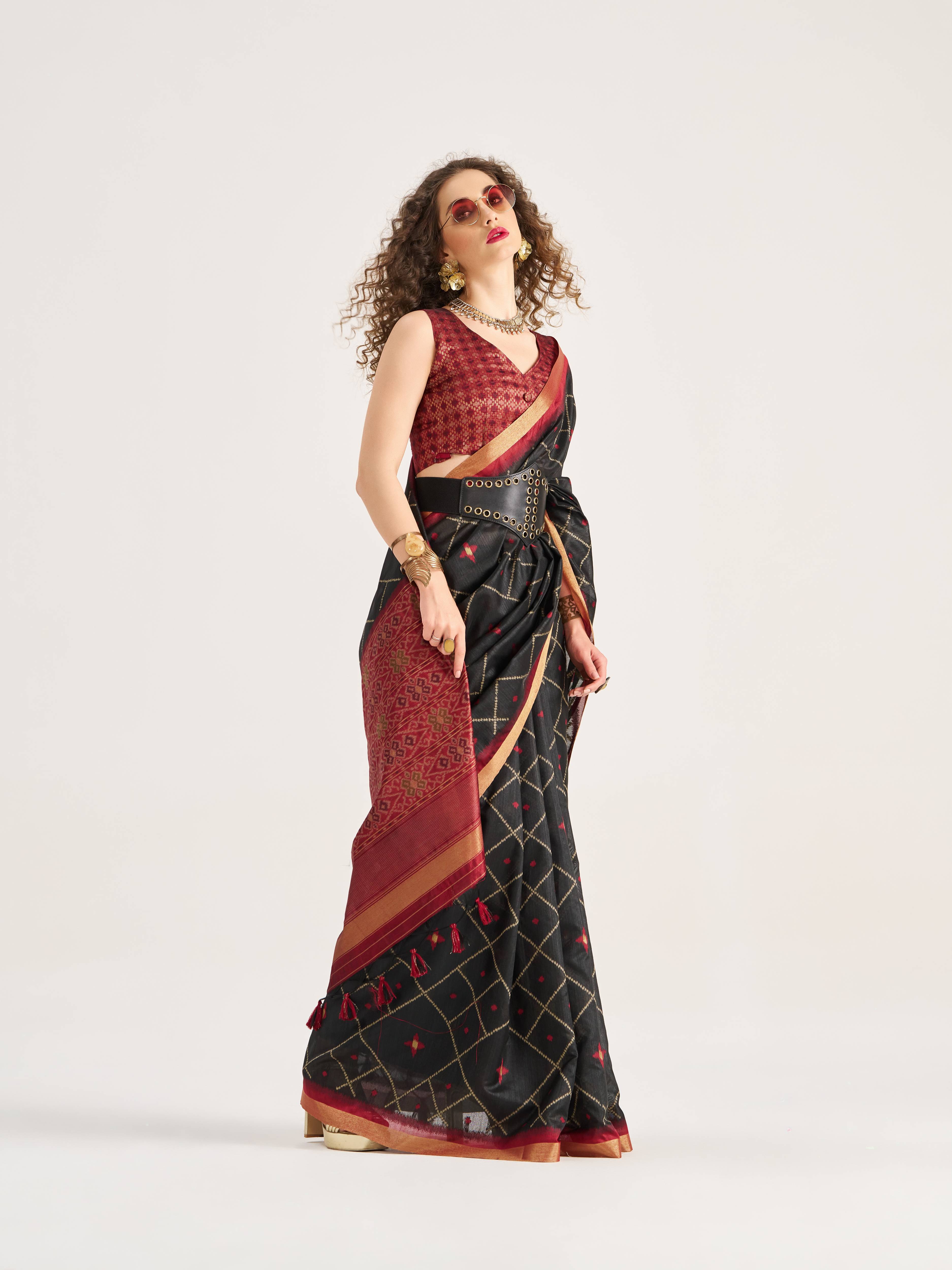BLACK & MAROON HANDWOVEN BUTTERFLY ART SILK SAREE