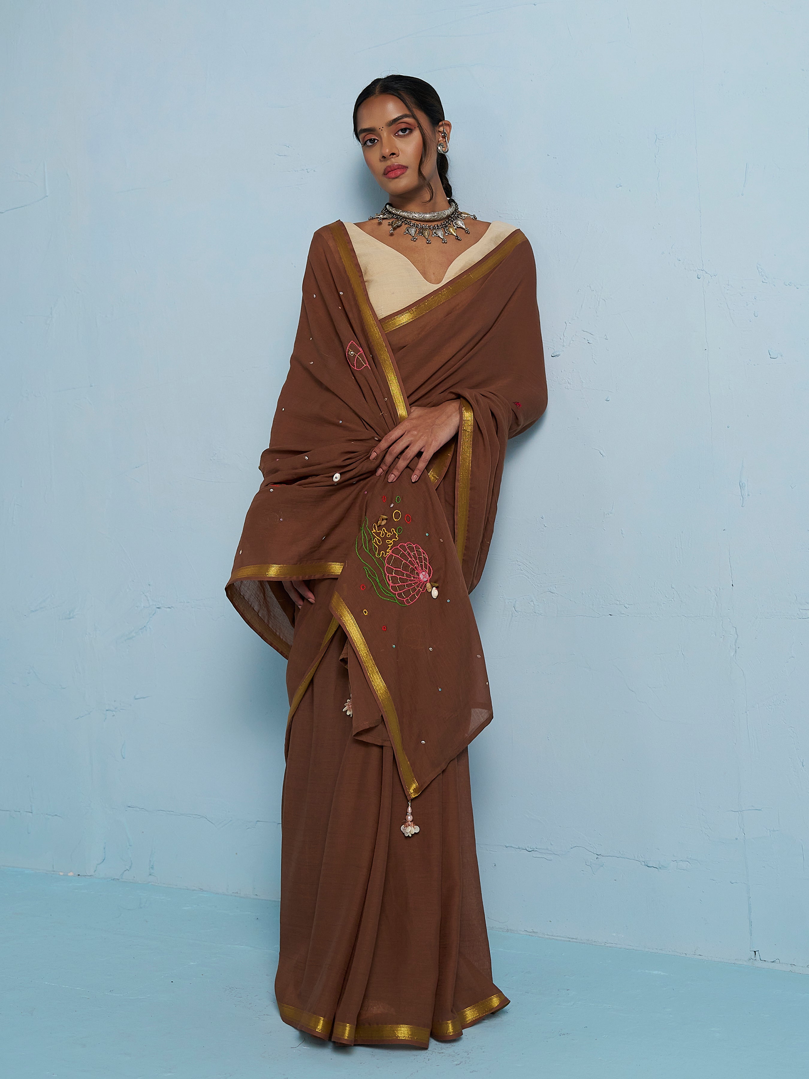 BROWN VISCOSE MUL THREAD WORK SAREES