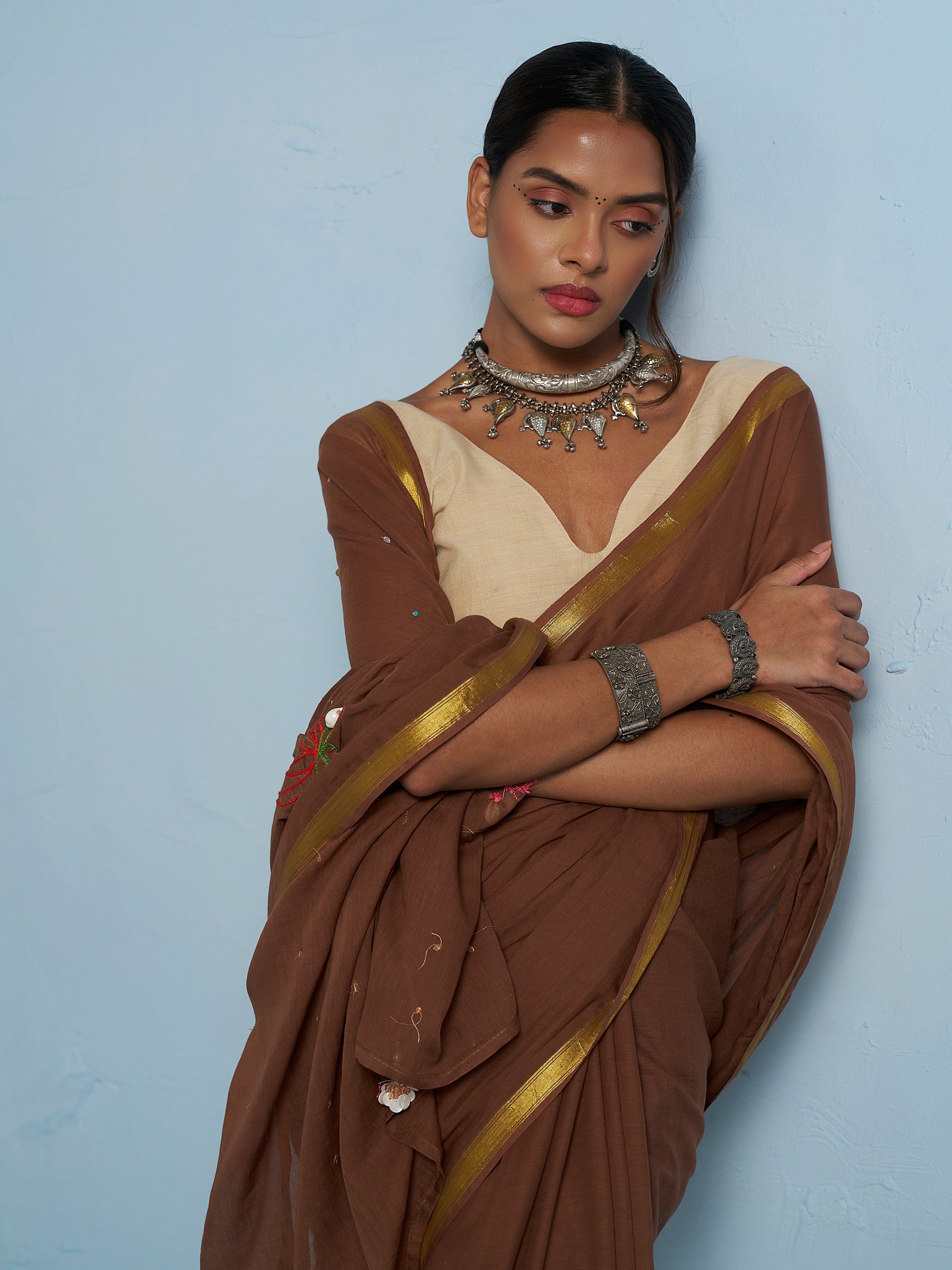 BROWN VISCOSE MUL THREAD WORK SAREES