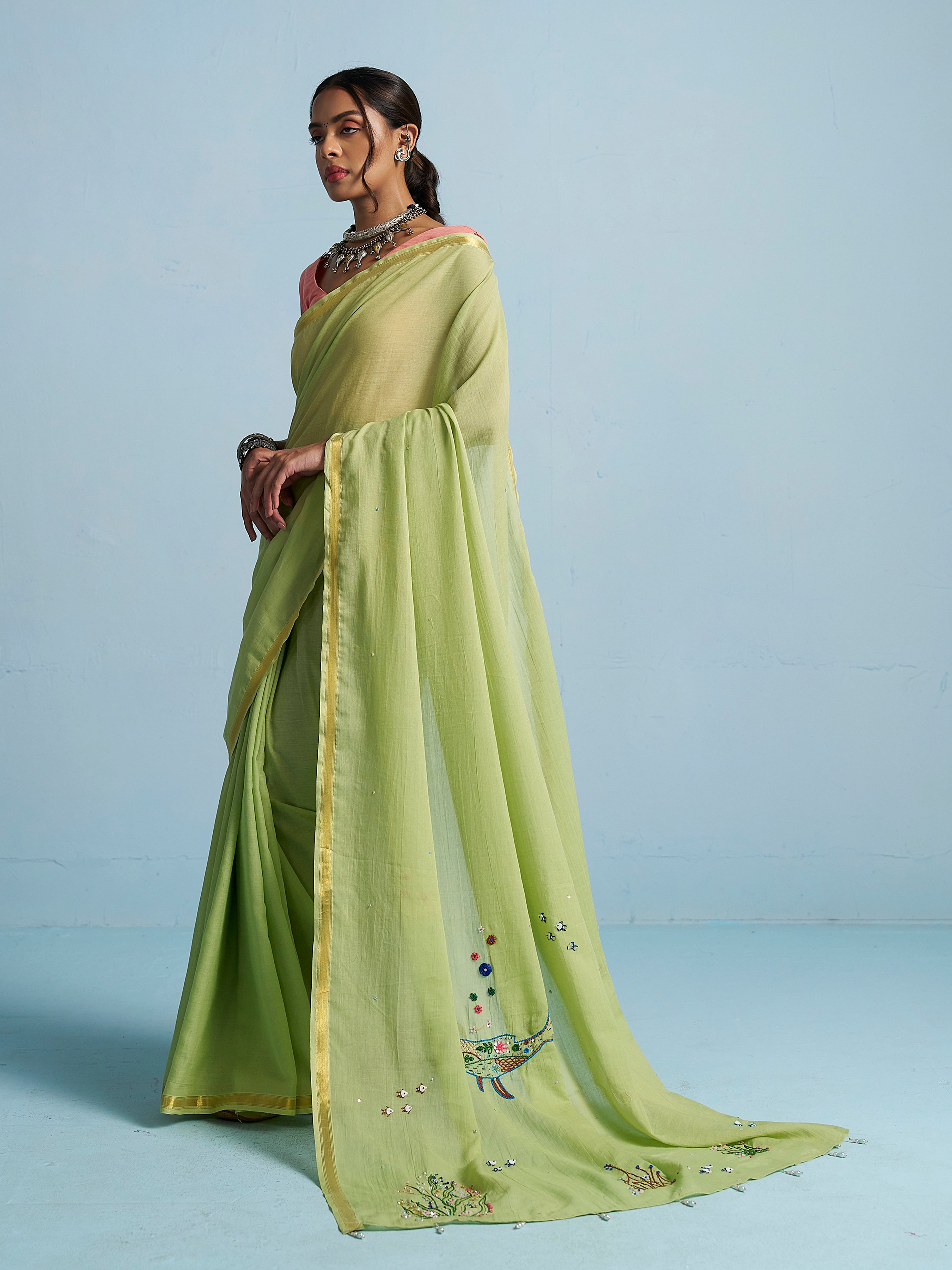 PISTA GREEN VISCOSE MUL THREAD WORK SAREES
