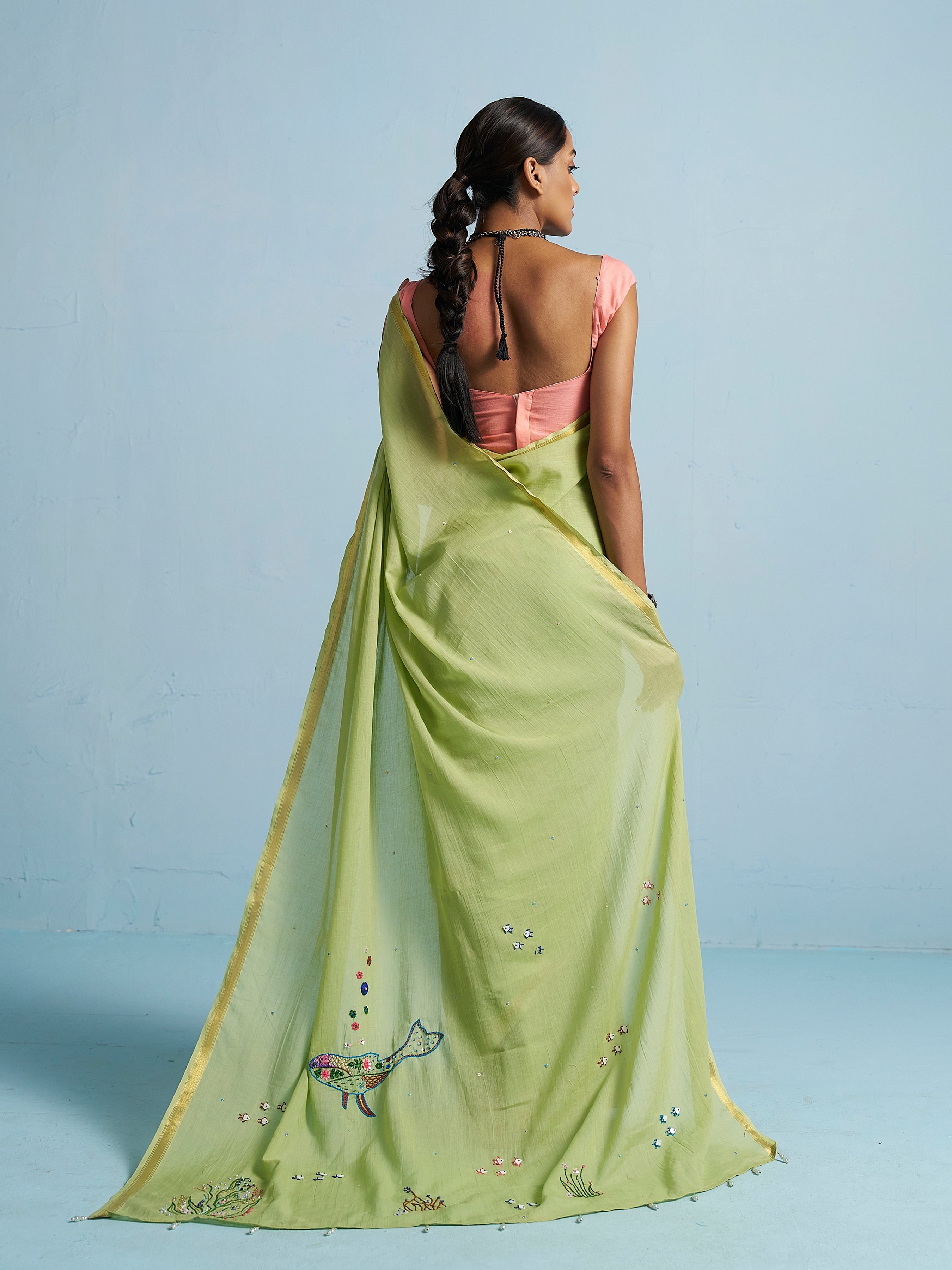 PISTA GREEN VISCOSE MUL THREAD WORK SAREES