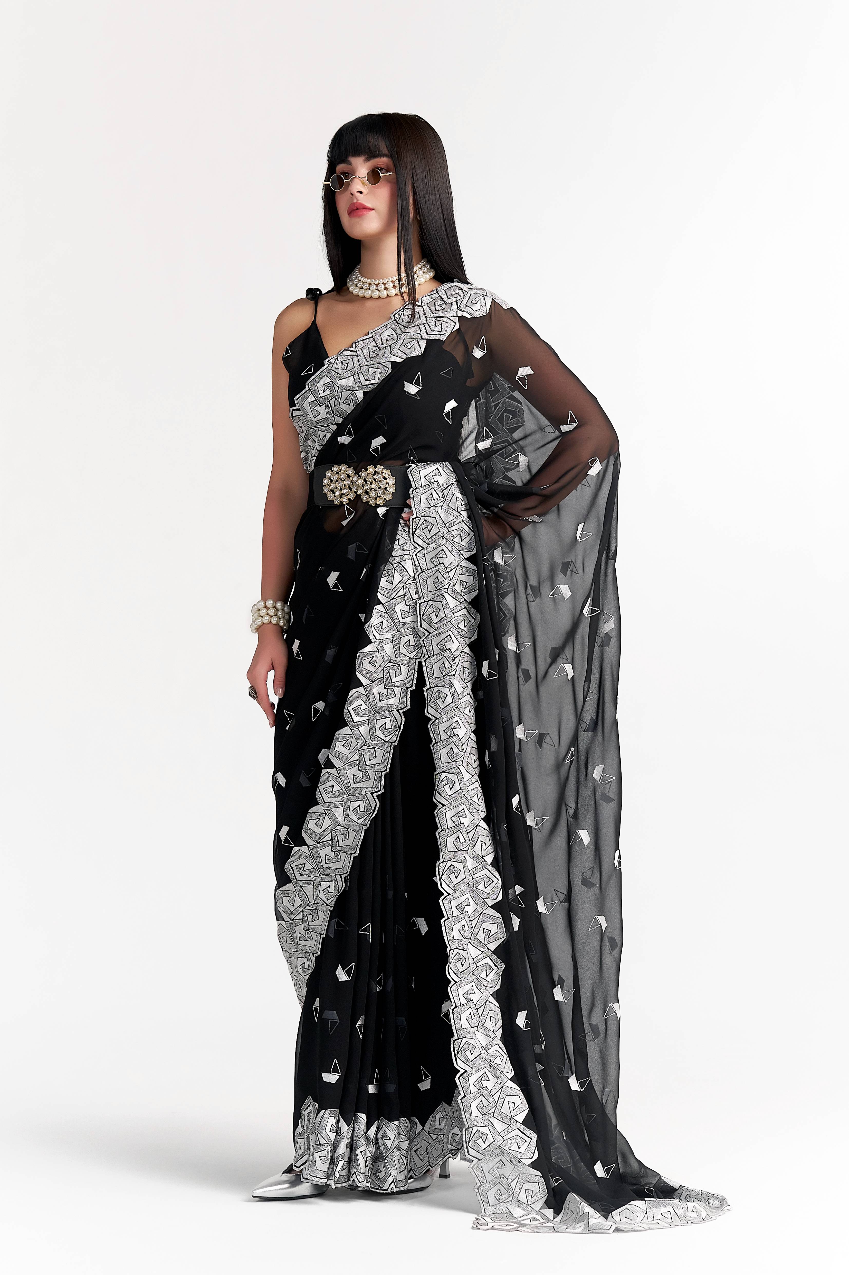 BLACK GEORGETTE BOAT PRINTED EMBROIDERY SAREE