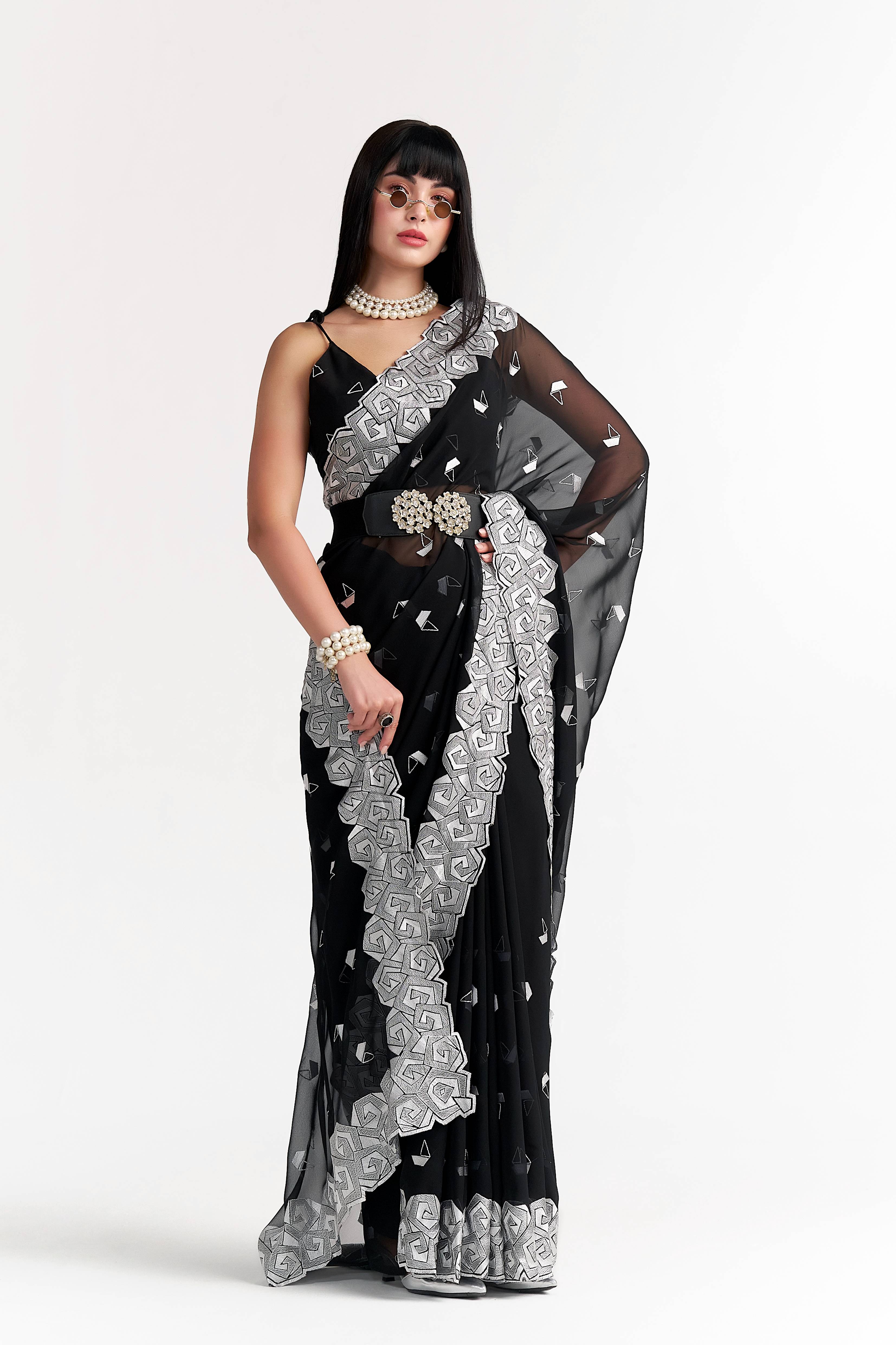 BLACK GEORGETTE BOAT PRINTED EMBROIDERY SAREE