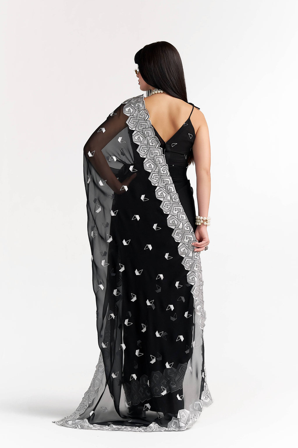 BLACK GEORGETTE BOAT PRINTED EMBROIDERY SAREE