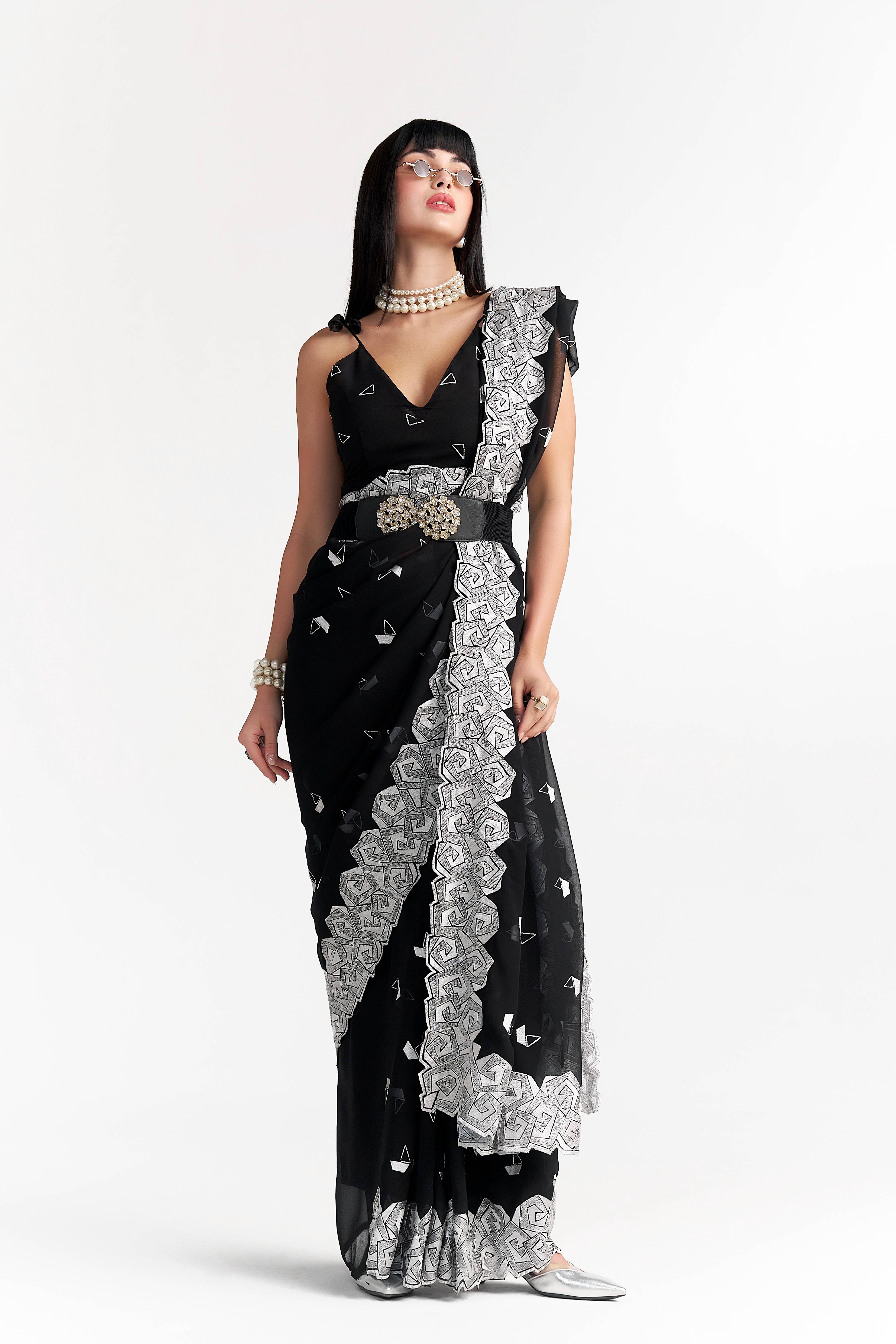 BLACK GEORGETTE BOAT PRINTED EMBROIDERY SAREE