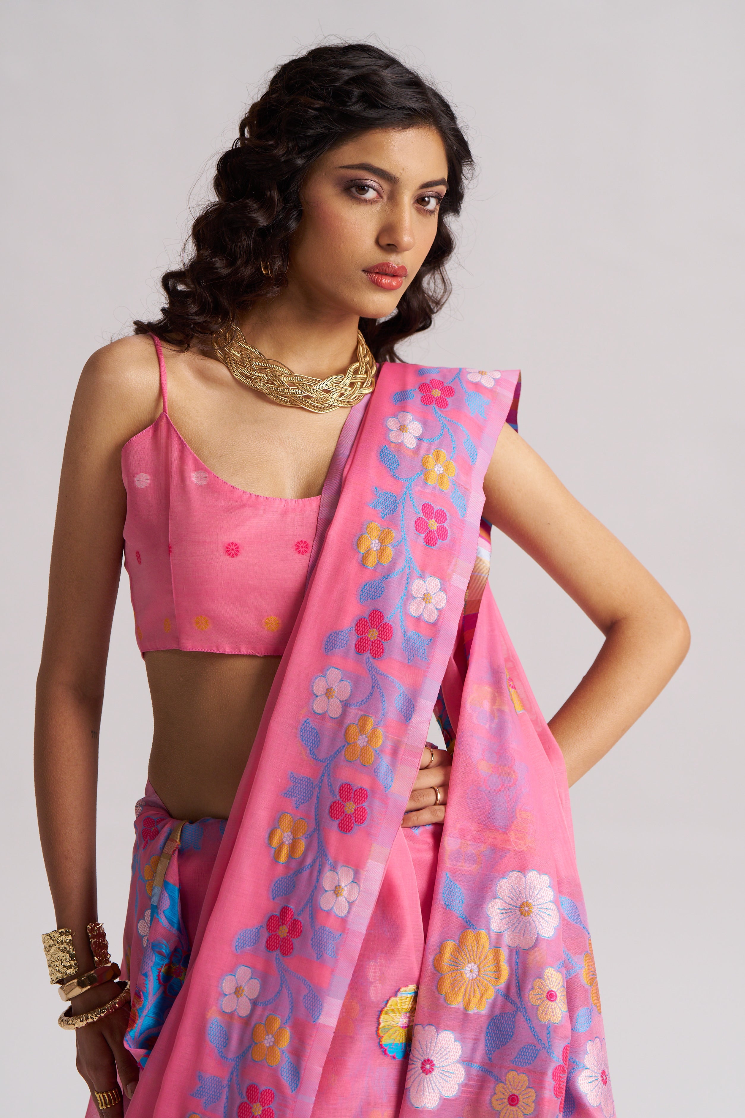 BARBIE PINK COTTON SILK GARDENIA SAREE