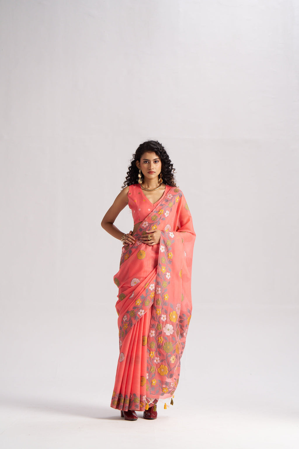 CORAL PINK COTTON SILK GARDENIA SAREE