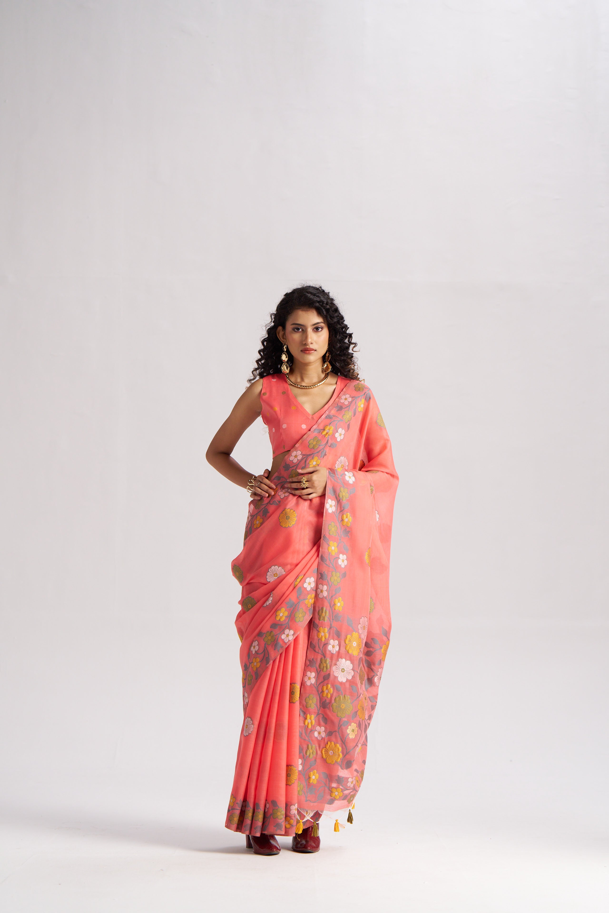 CORAL PINK COTTON SILK GARDENIA SAREE