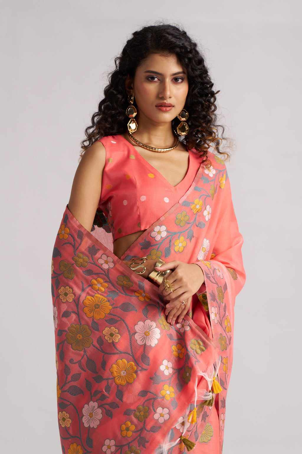 CORAL PINK COTTON SILK GARDENIA SAREE