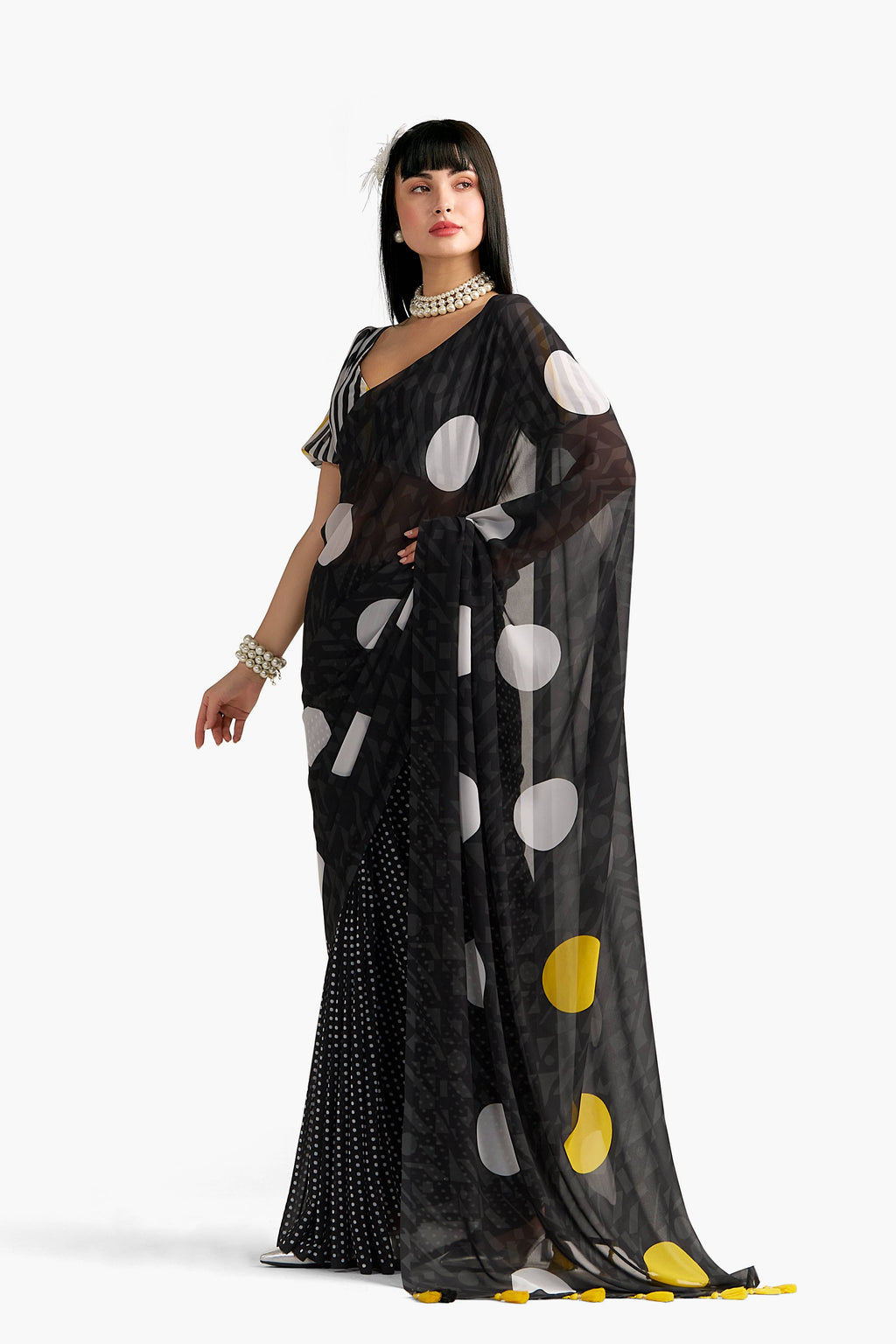 BLACK GEORGETTE POLKA POPS DIGITAL PRINTED SAREE