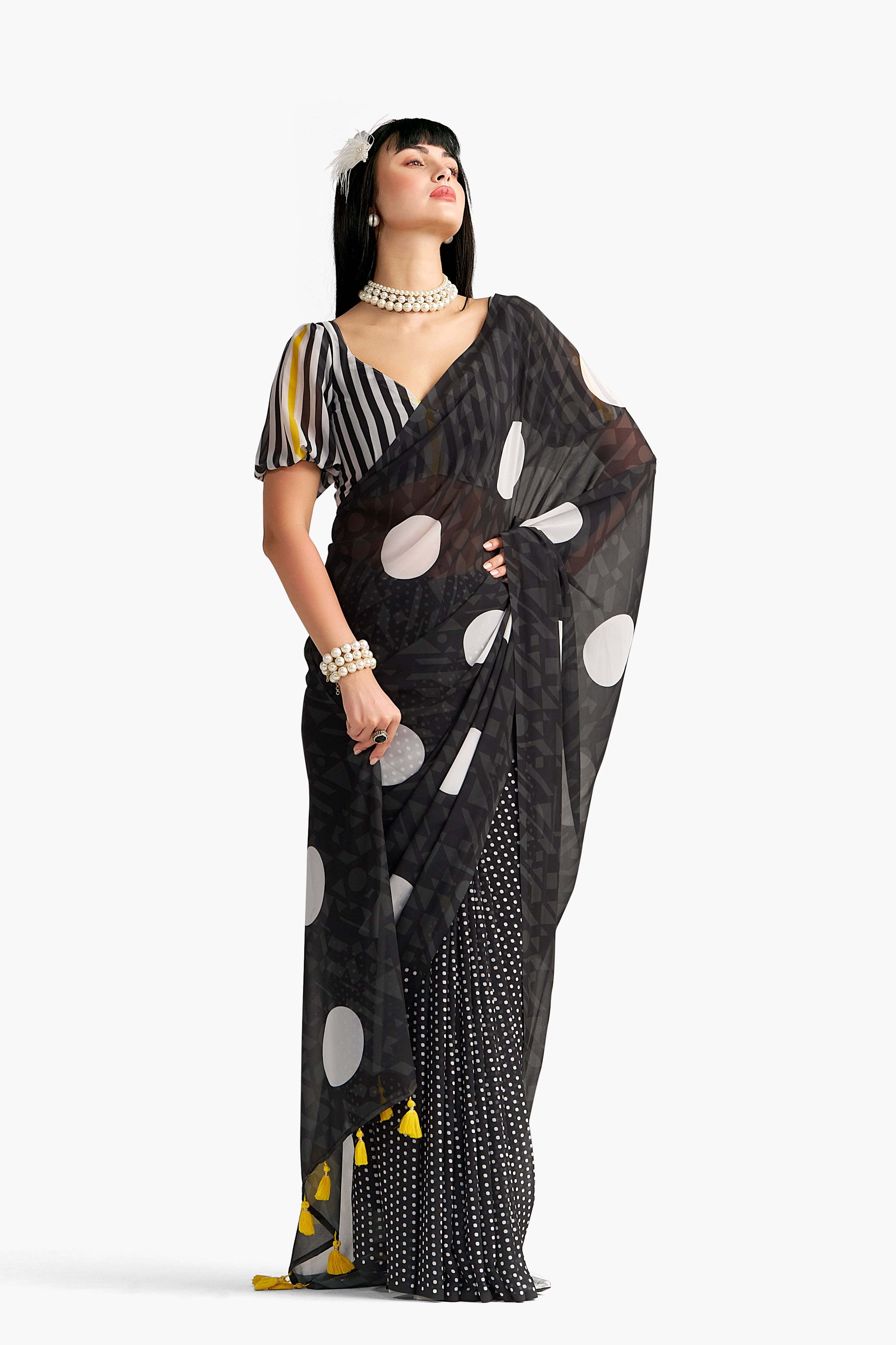 BLACK GEORGETTE POLKA POPS DIGITAL PRINTED SAREE