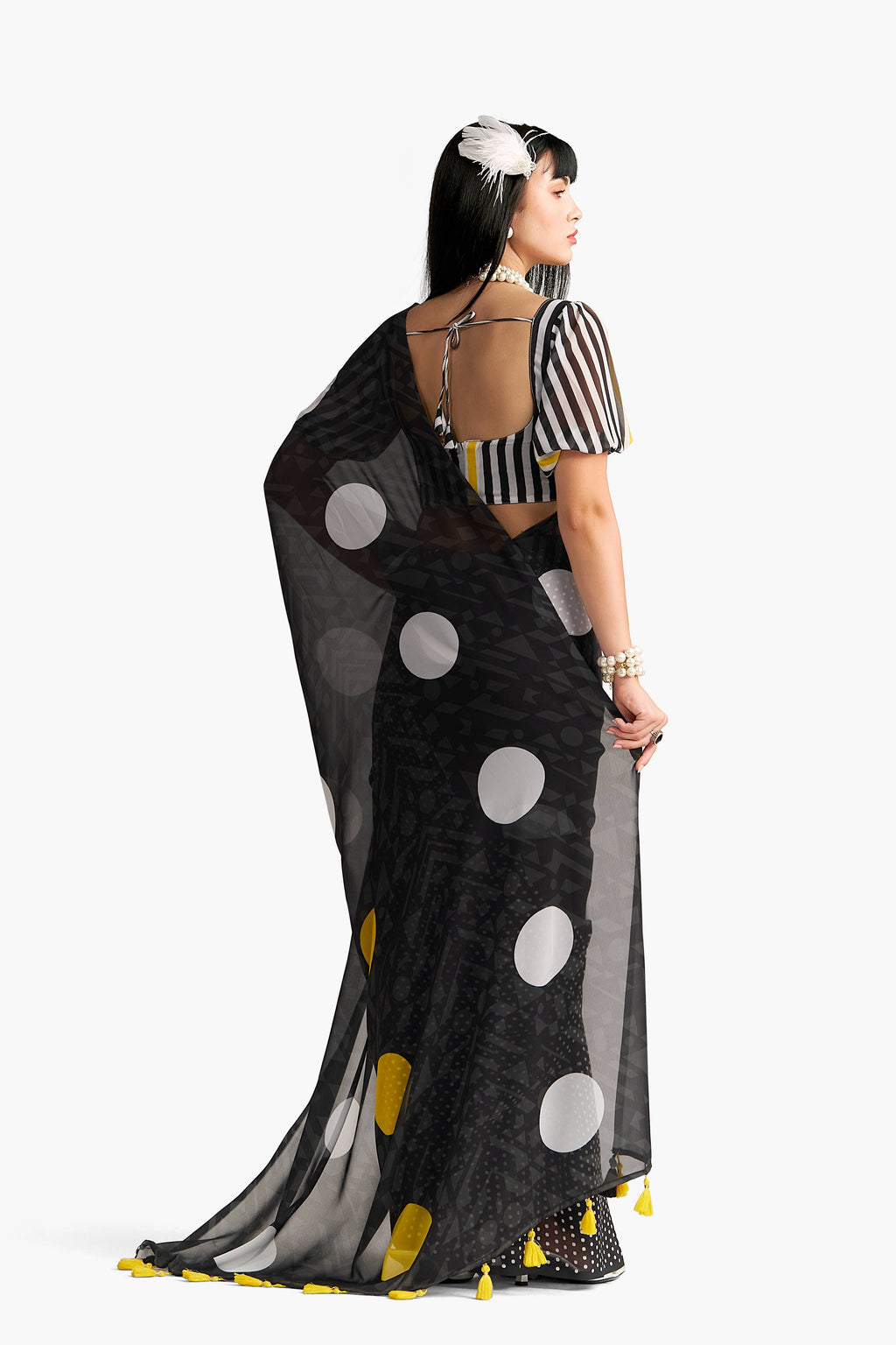 BLACK GEORGETTE POLKA POPS DIGITAL PRINTED SAREE