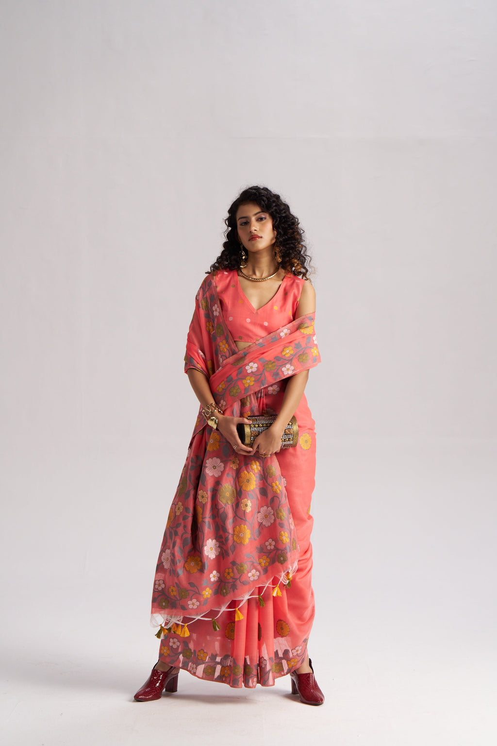 CORAL PINK COTTON SILK GARDENIA SAREE