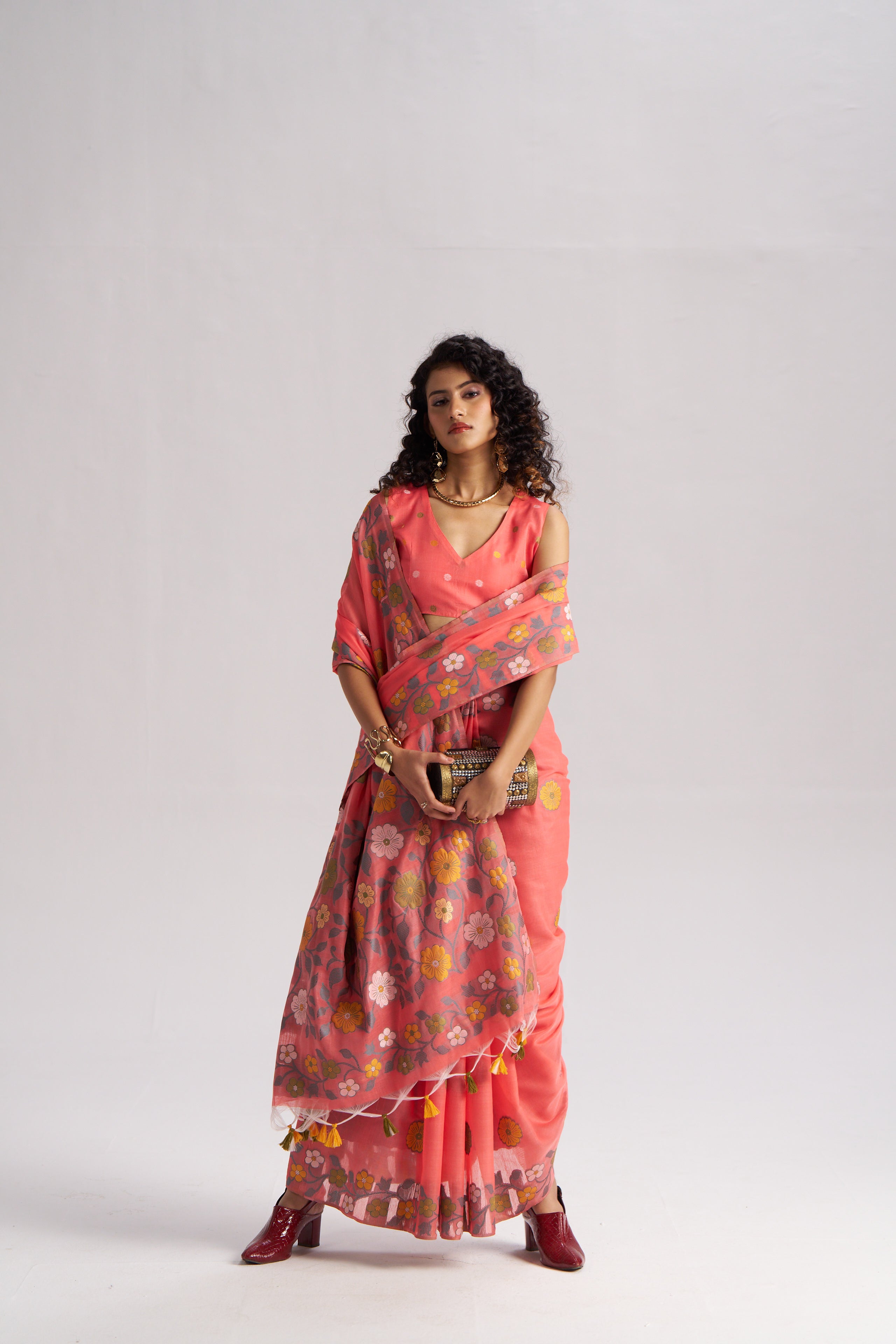CORAL PINK COTTON SILK GARDENIA SAREE