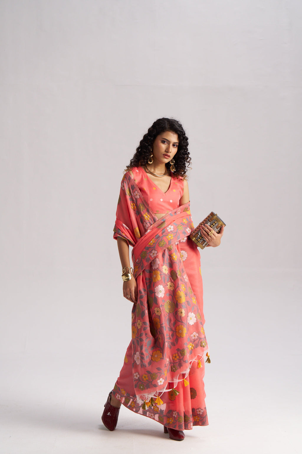 CORAL PINK COTTON SILK GARDENIA SAREE