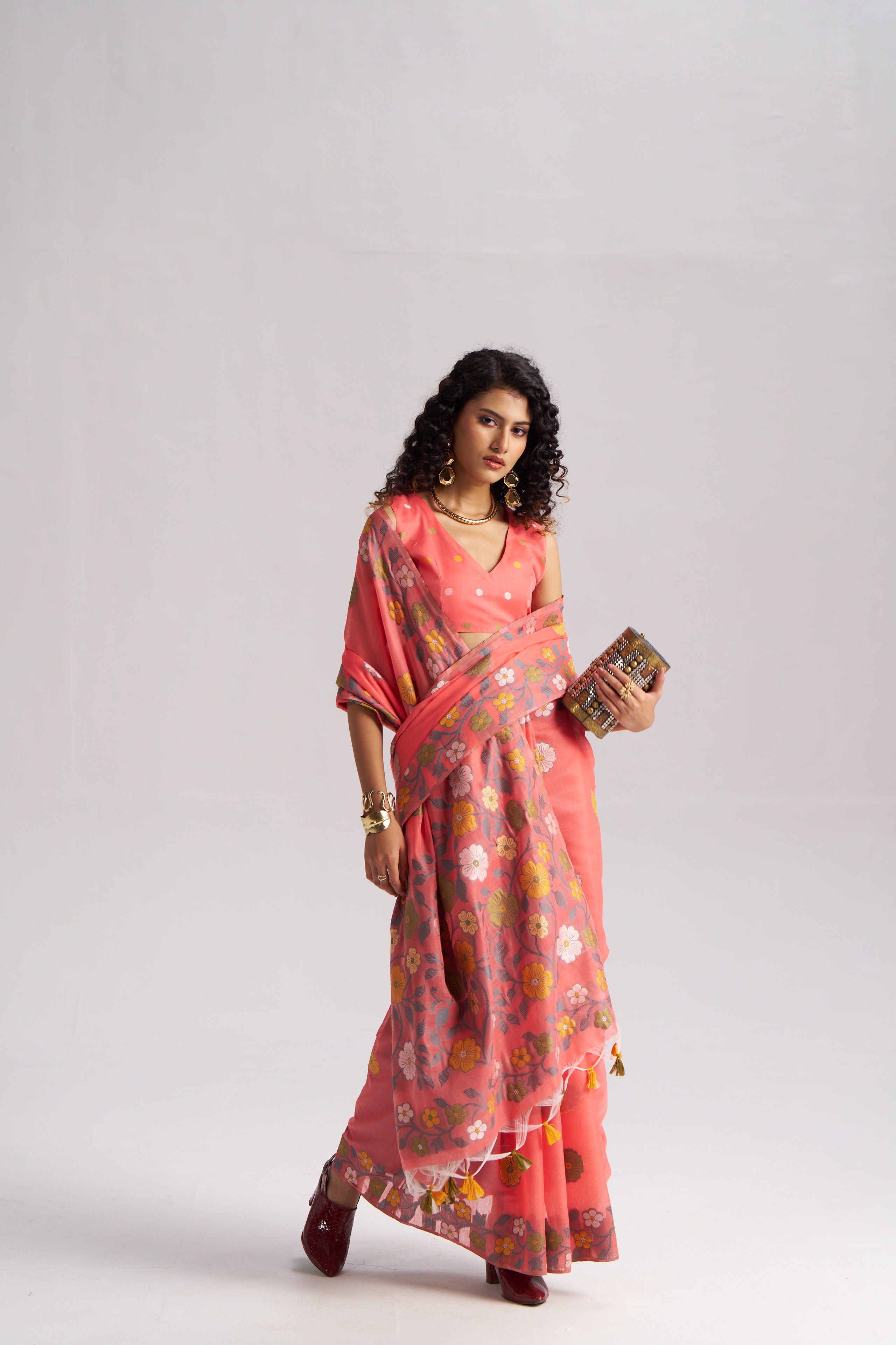 CORAL PINK COTTON SILK GARDENIA SAREE