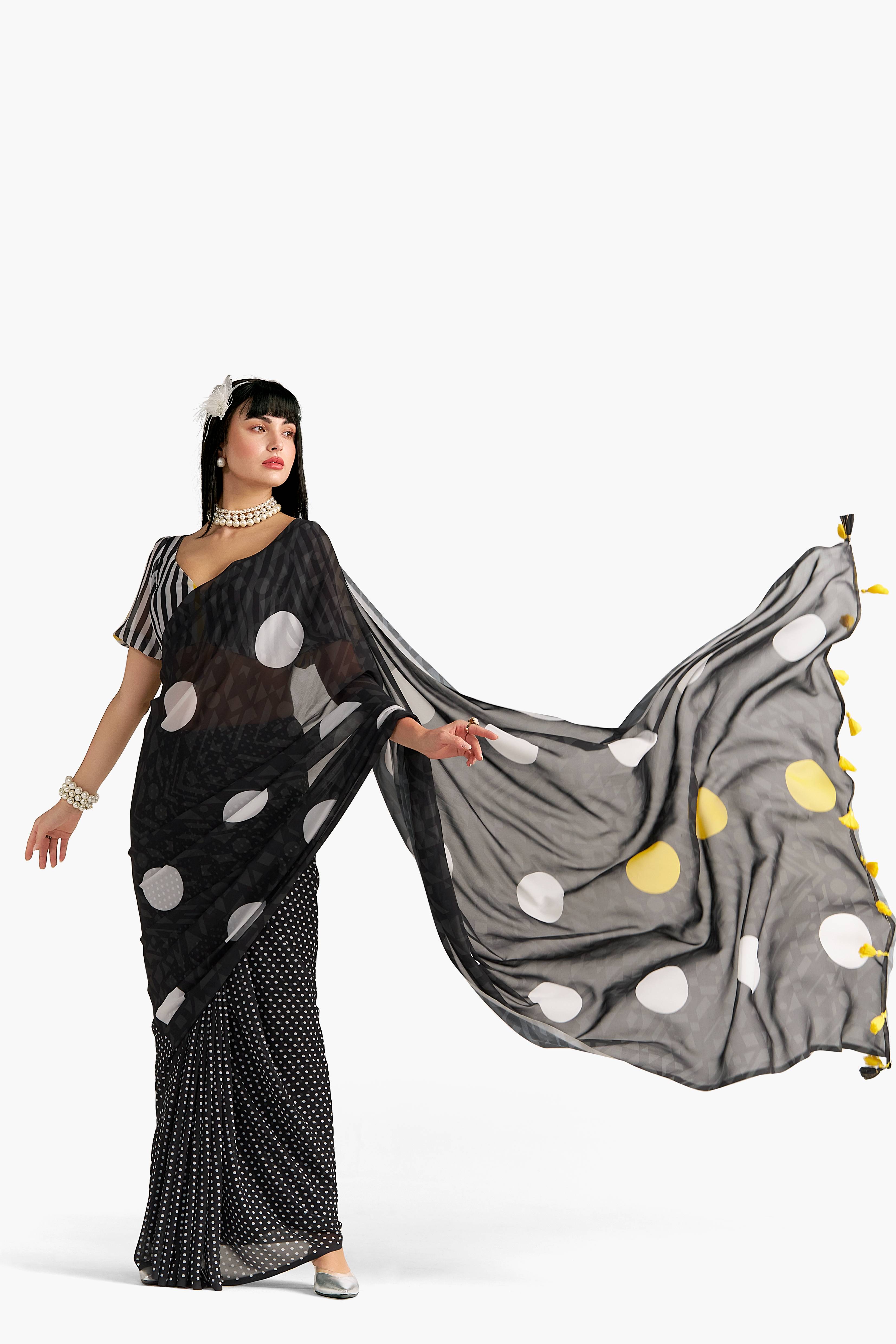 BLACK GEORGETTE POLKA POPS DIGITAL PRINTED SAREE