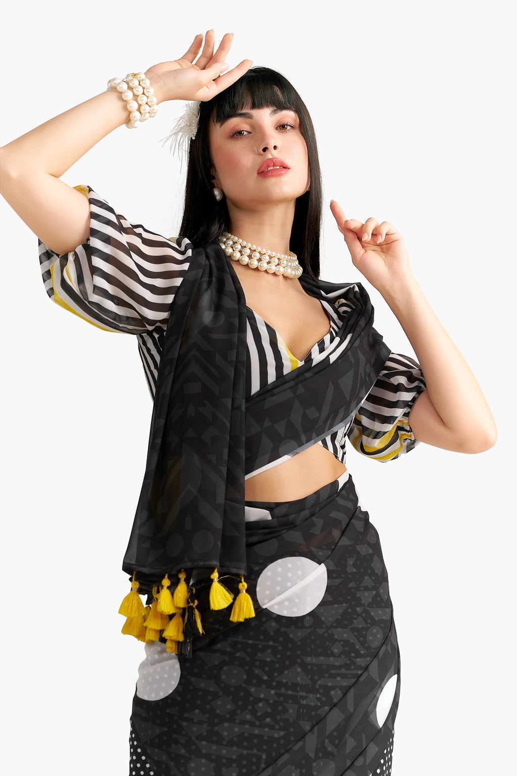 BLACK GEORGETTE POLKA POPS DIGITAL PRINTED SAREE