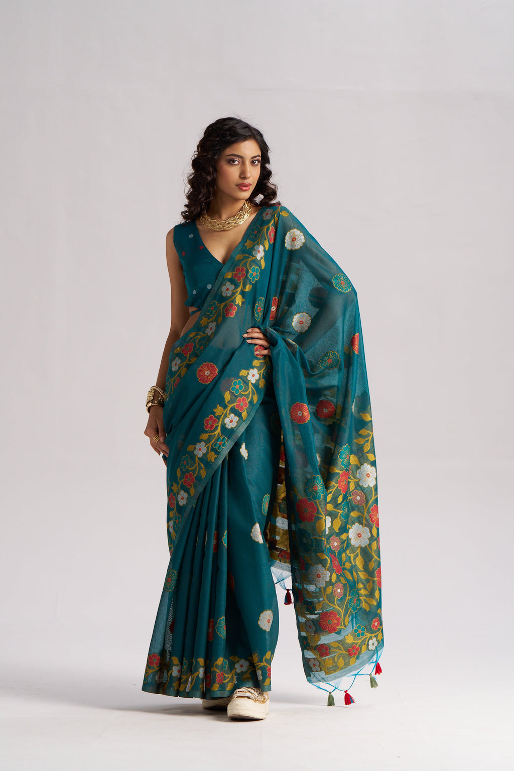 TEAL BLUE COTTON SILK GARDENIA SAREE