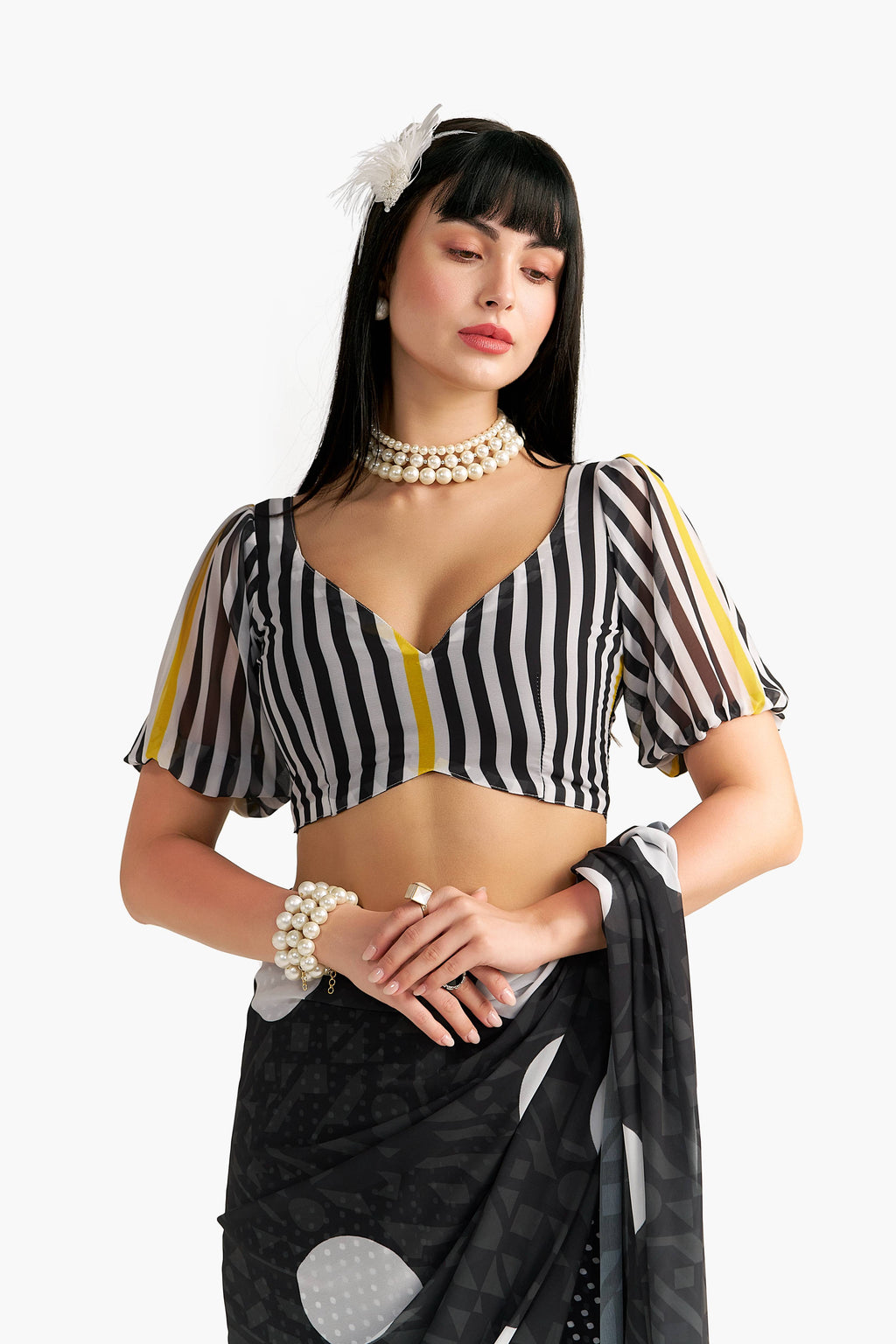 BLACK GEORGETTE POLKA POPS DIGITAL PRINTED SAREE