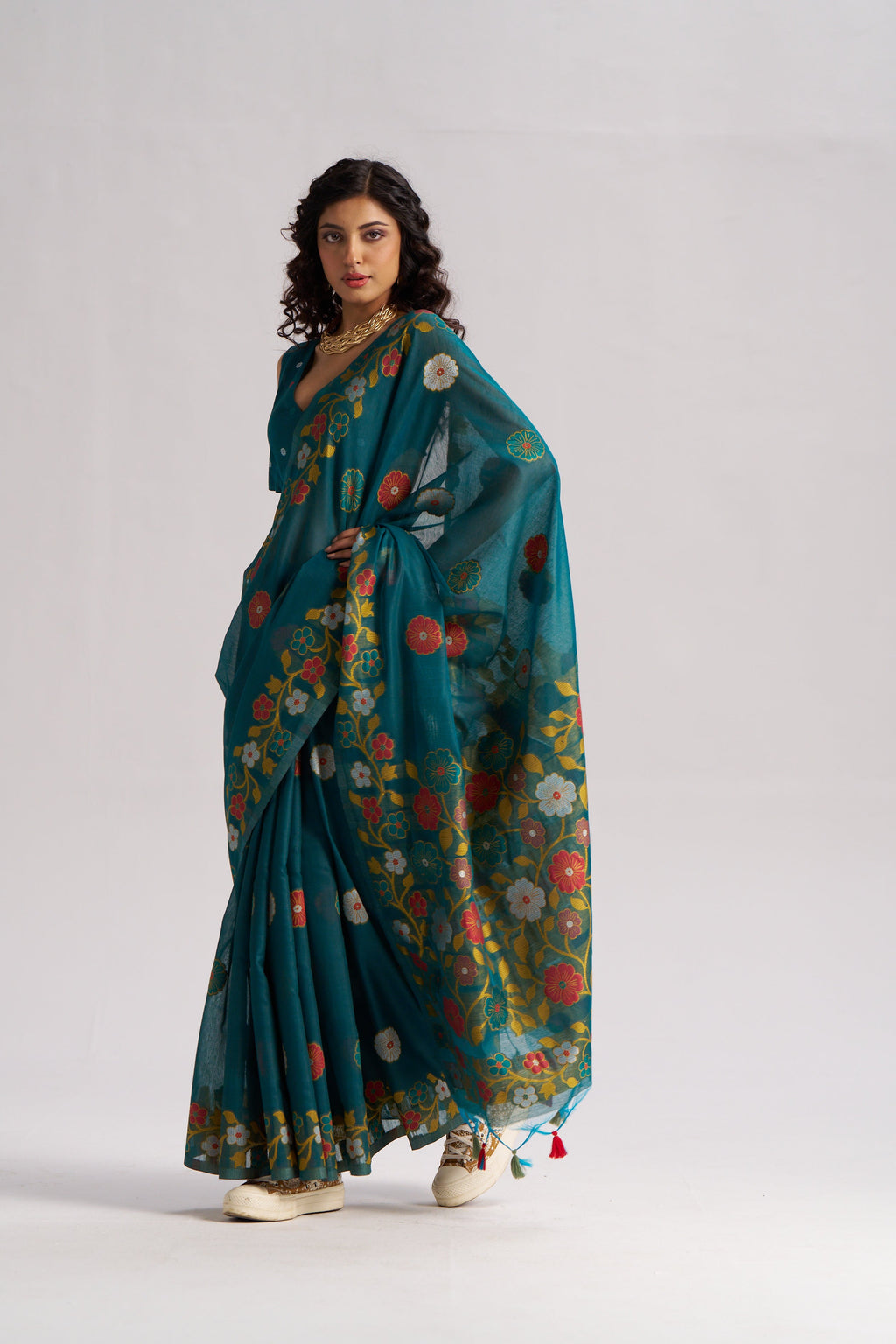 TEAL BLUE COTTON SILK GARDENIA SAREE
