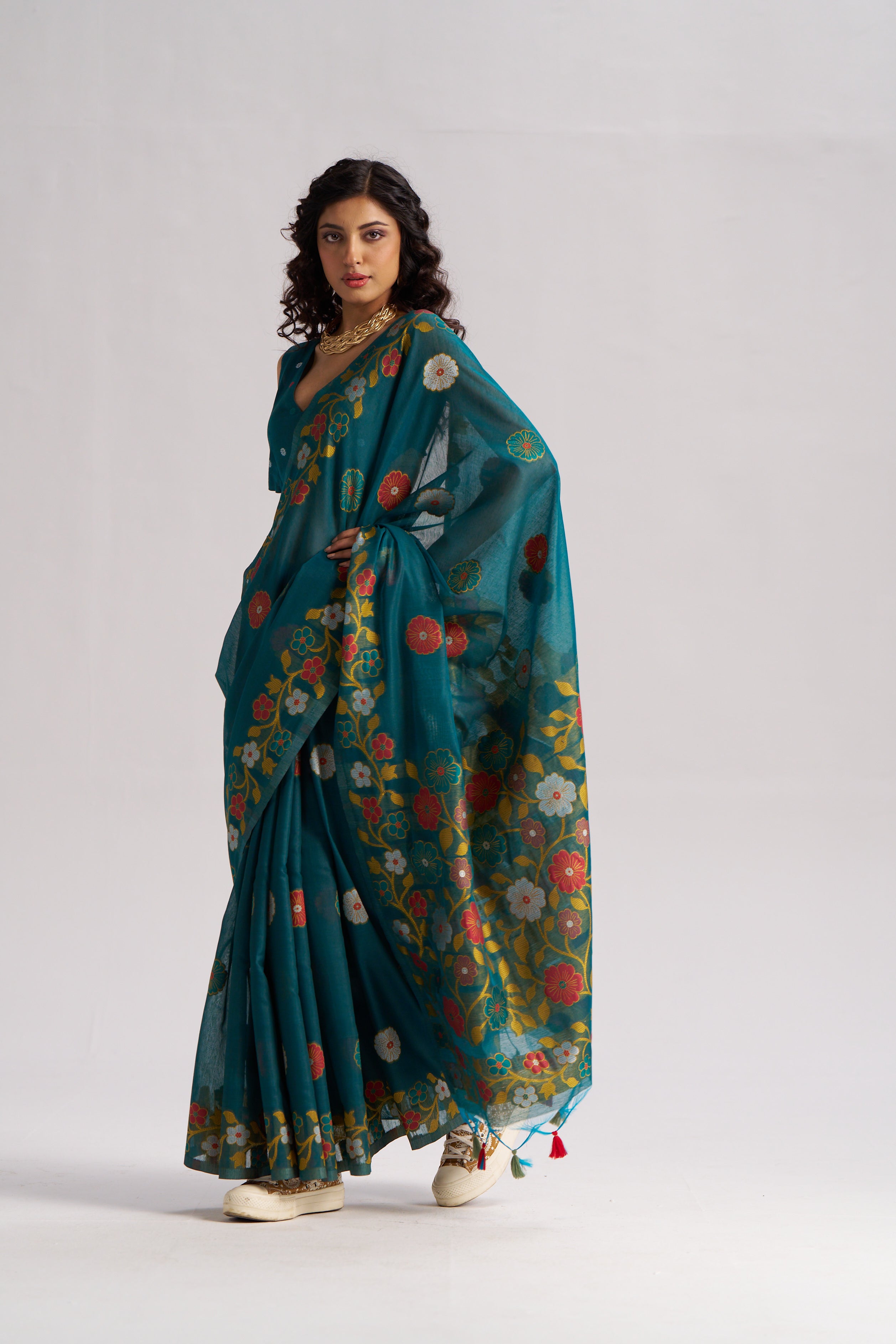 TEAL BLUE COTTON SILK GARDENIA SAREE