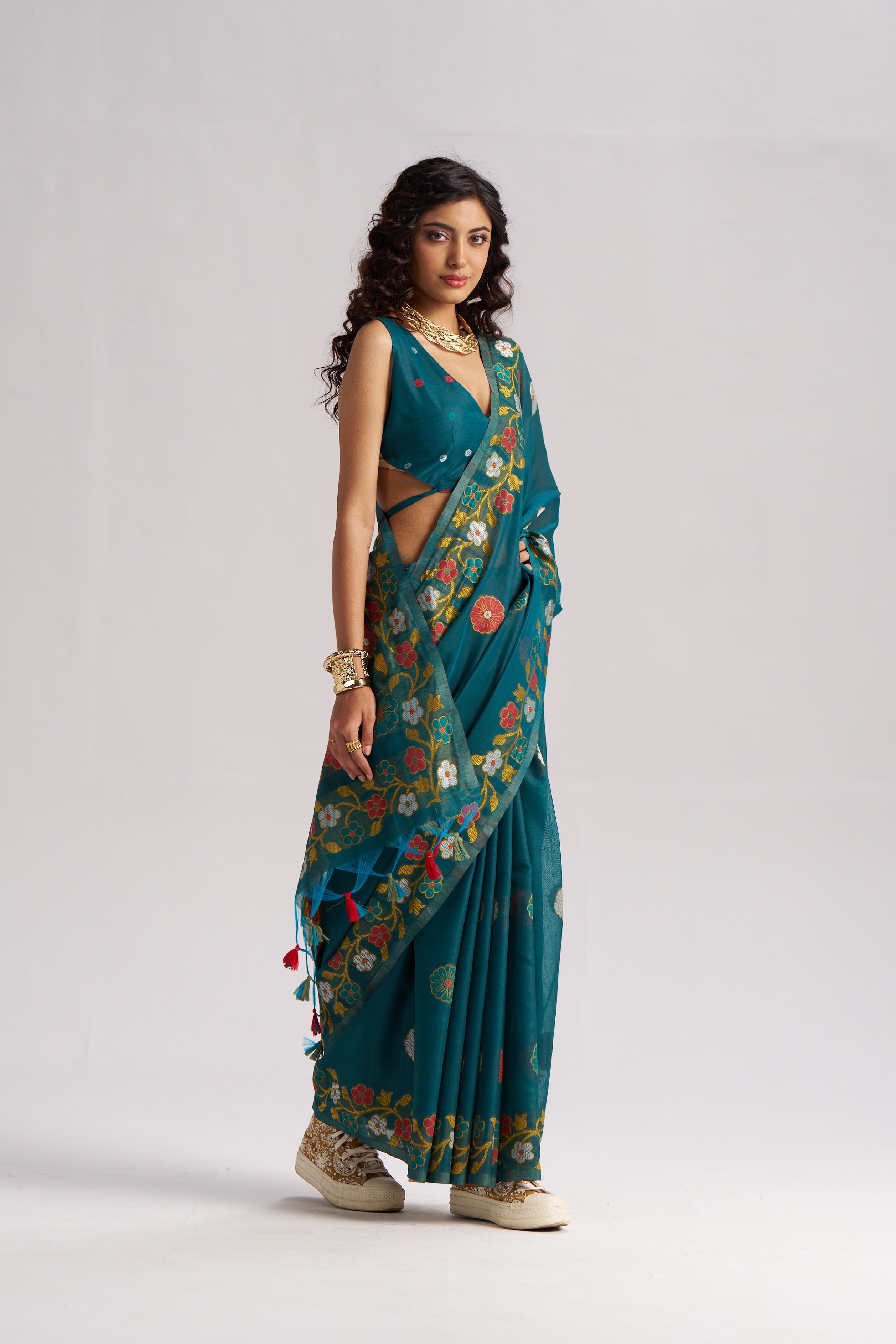 TEAL BLUE COTTON SILK GARDENIA SAREE