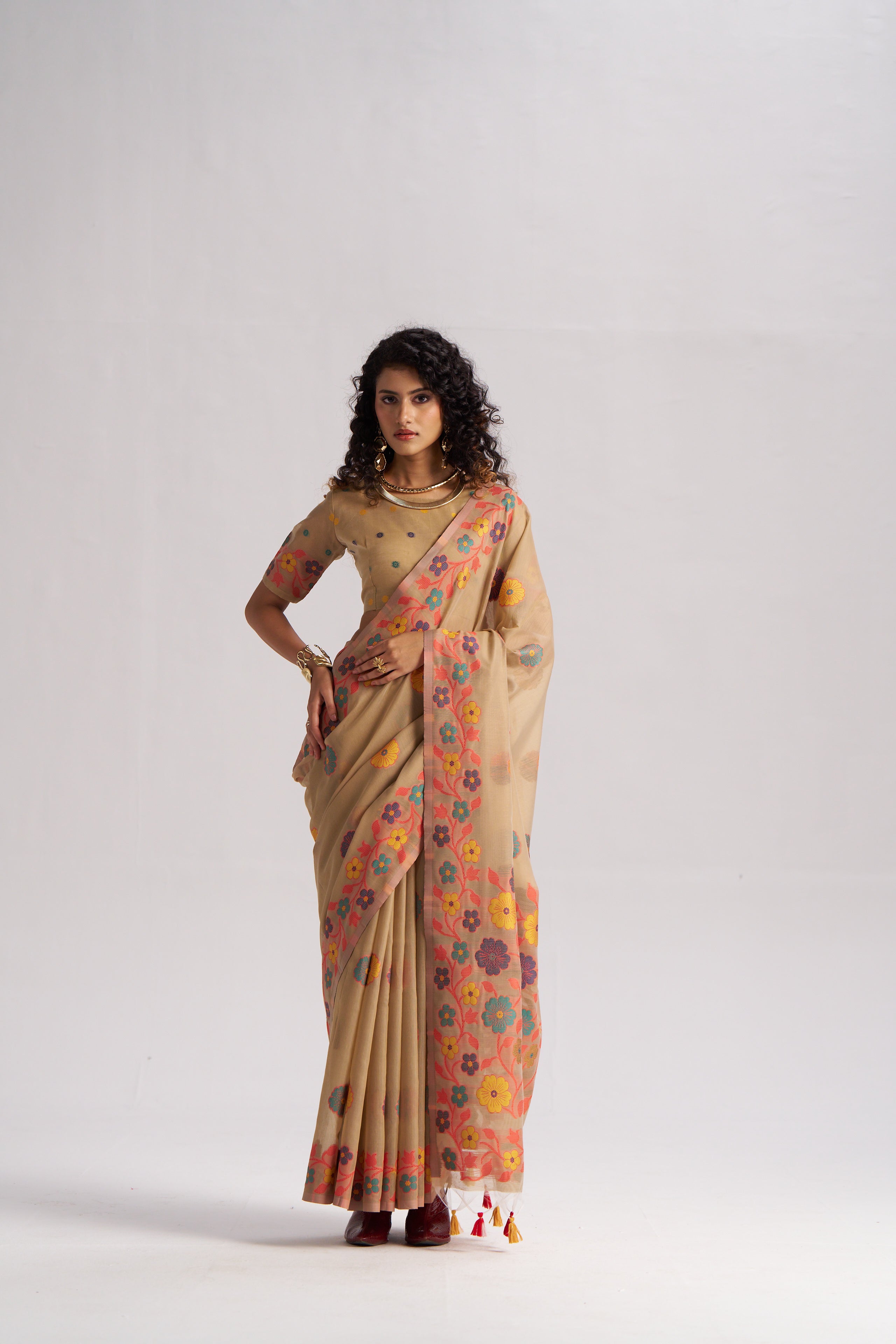 TAN BEIGE COTTON SILK GARDENIA SAREE