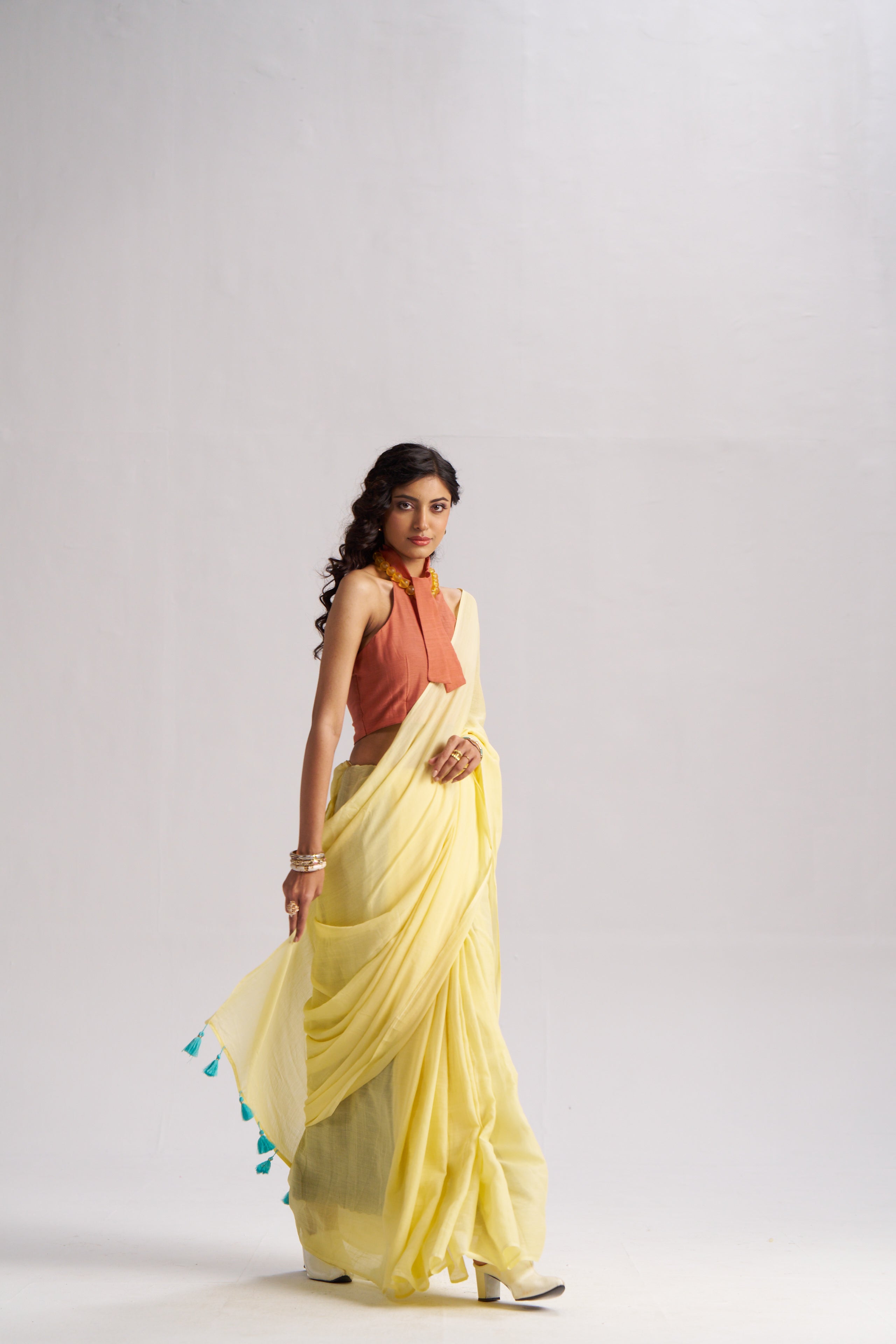 LEMON YELLOW VISCOSE MUL LIVA SOLID SAREE