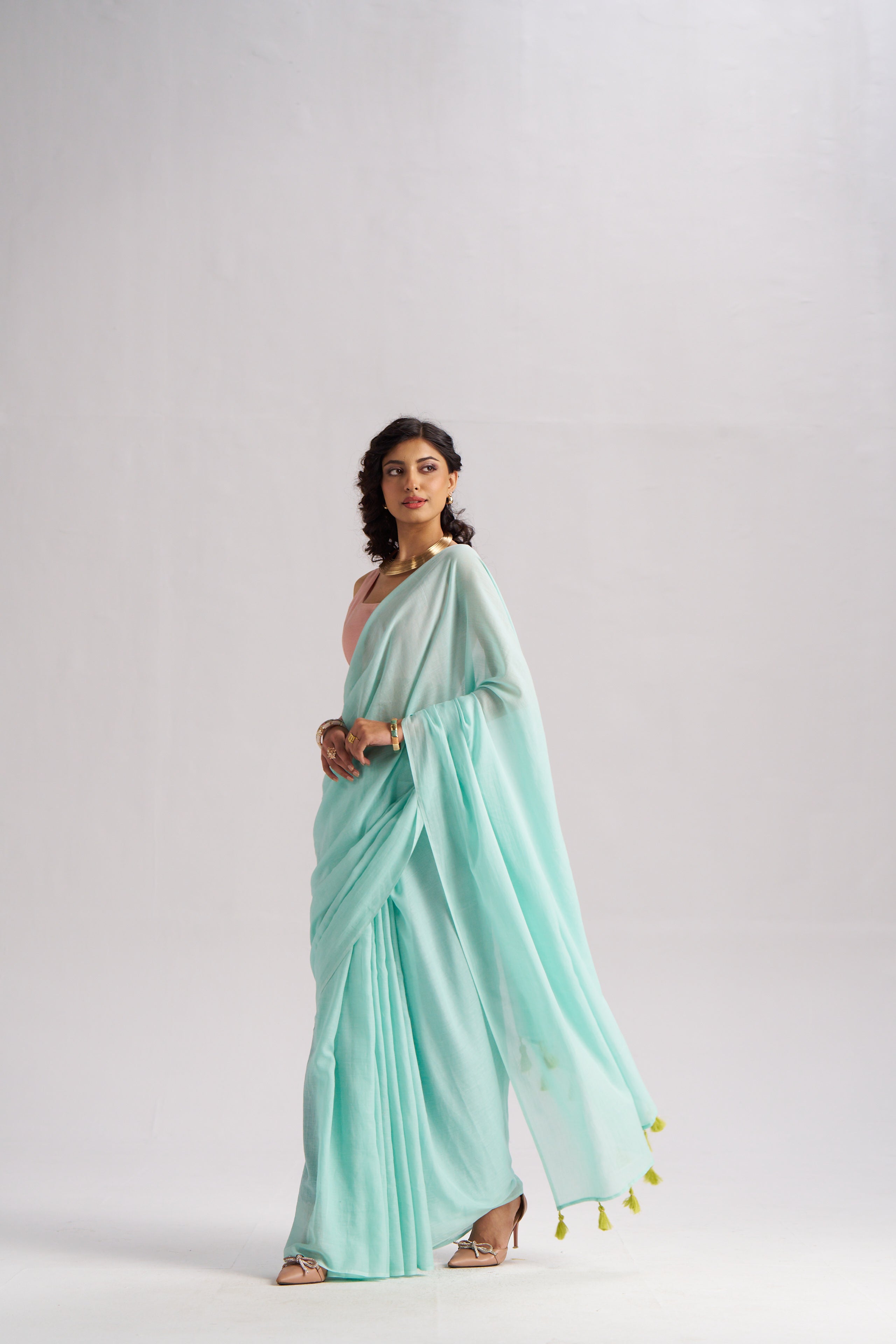 MINT GREEN VISCOSE MUL LIVA SOLID SAREE