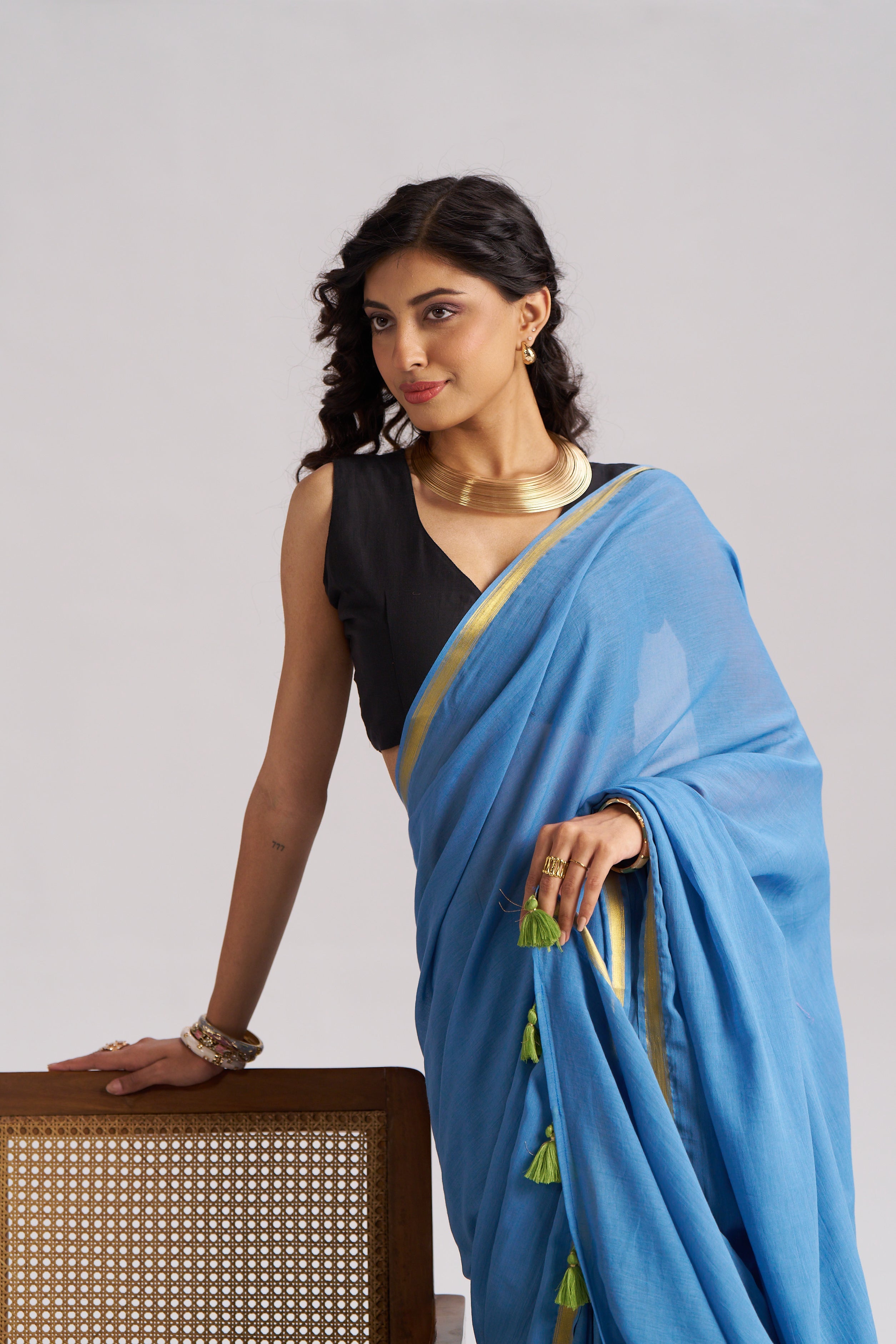 LIGHT BLUE VISCOSE MUL LIVA SOLID SAREE