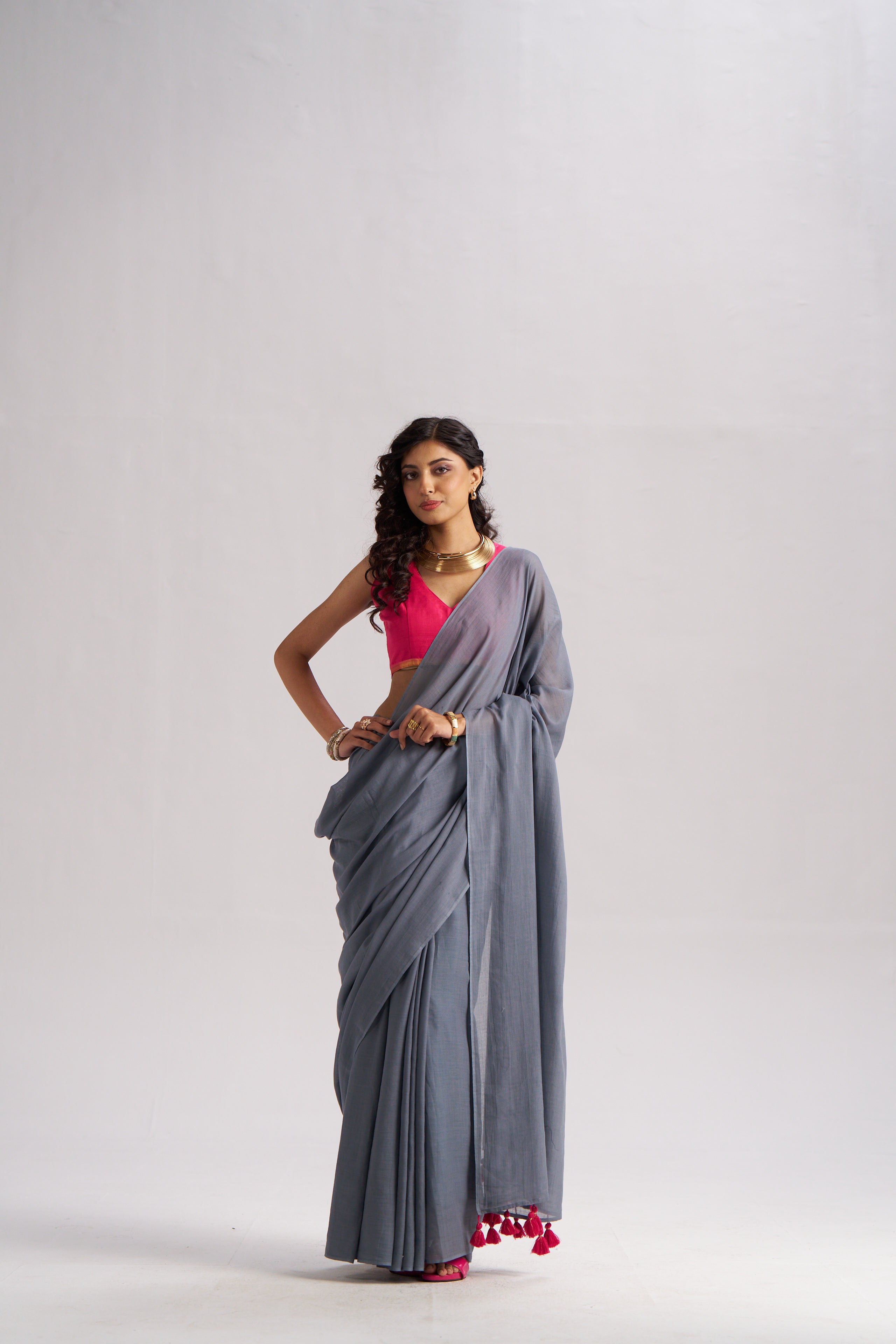 SLATE GRAY VISCOSE MUL LIVA SOLID SAREE