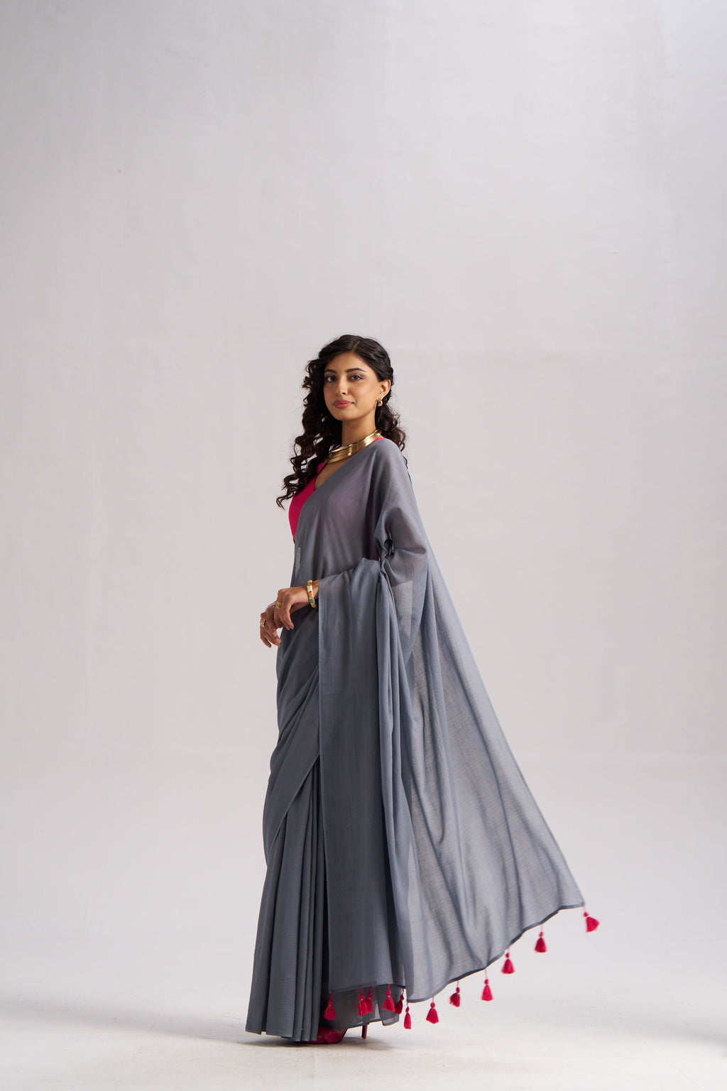 SLATE GRAY VISCOSE MUL LIVA SOLID SAREE