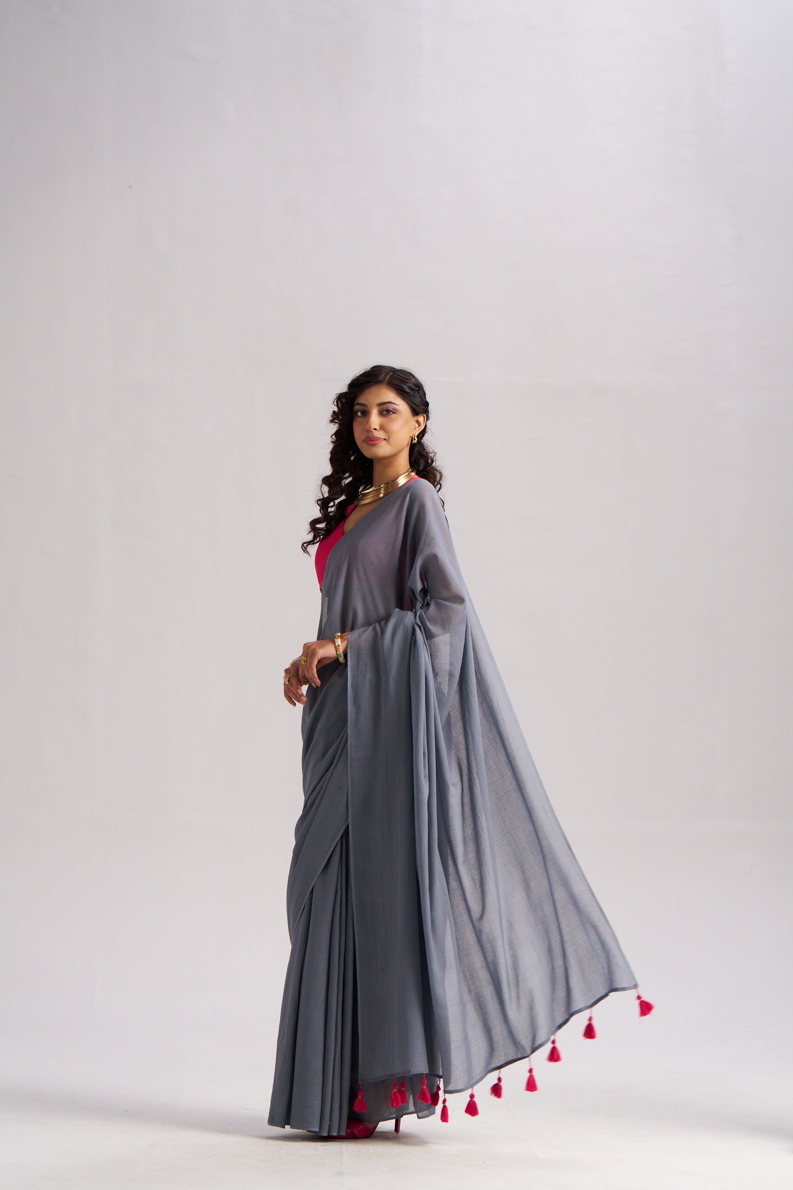 SLATE GRAY VISCOSE MUL LIVA SOLID SAREE