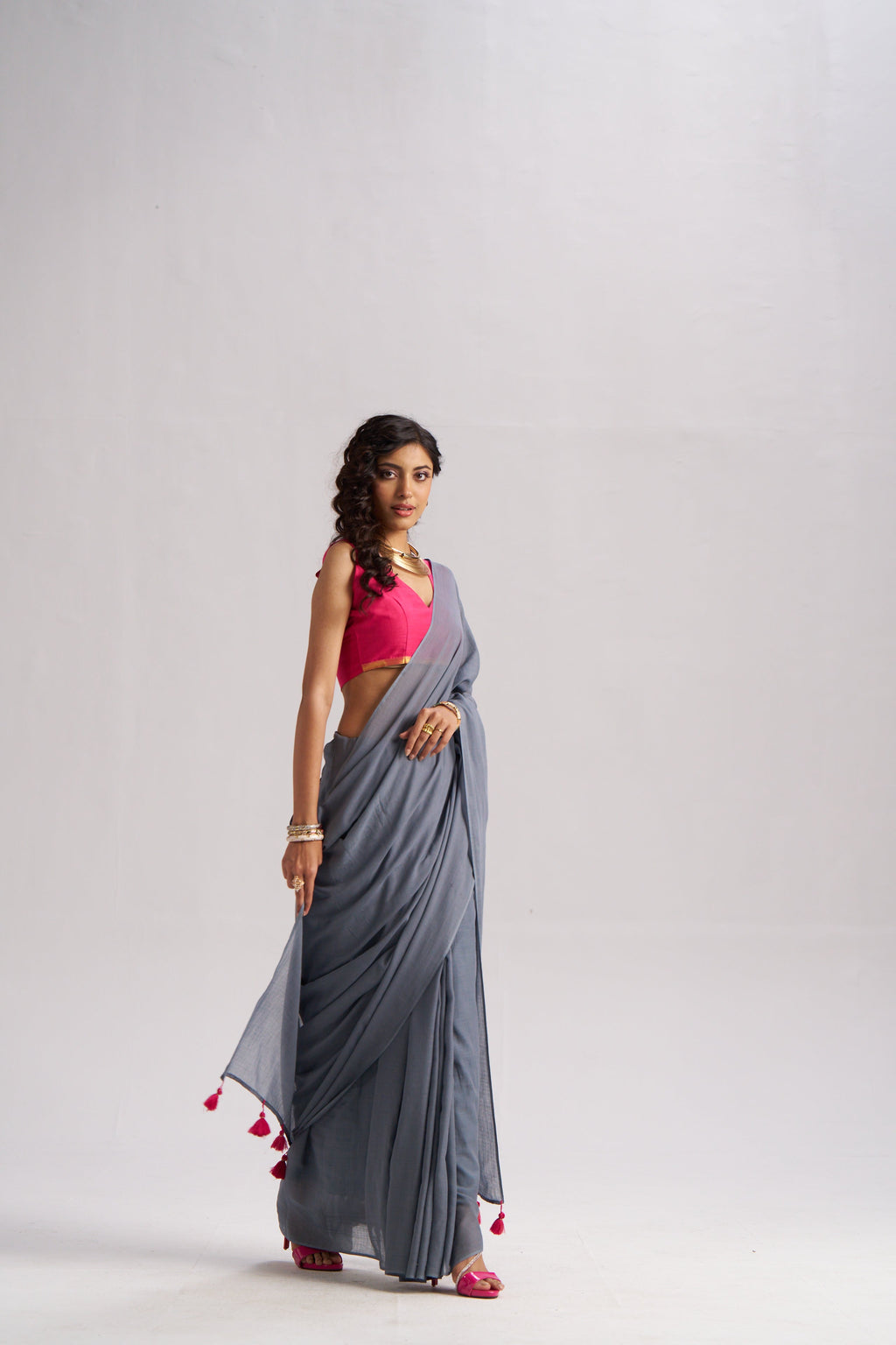 SLATE GRAY VISCOSE MUL LIVA SOLID SAREE