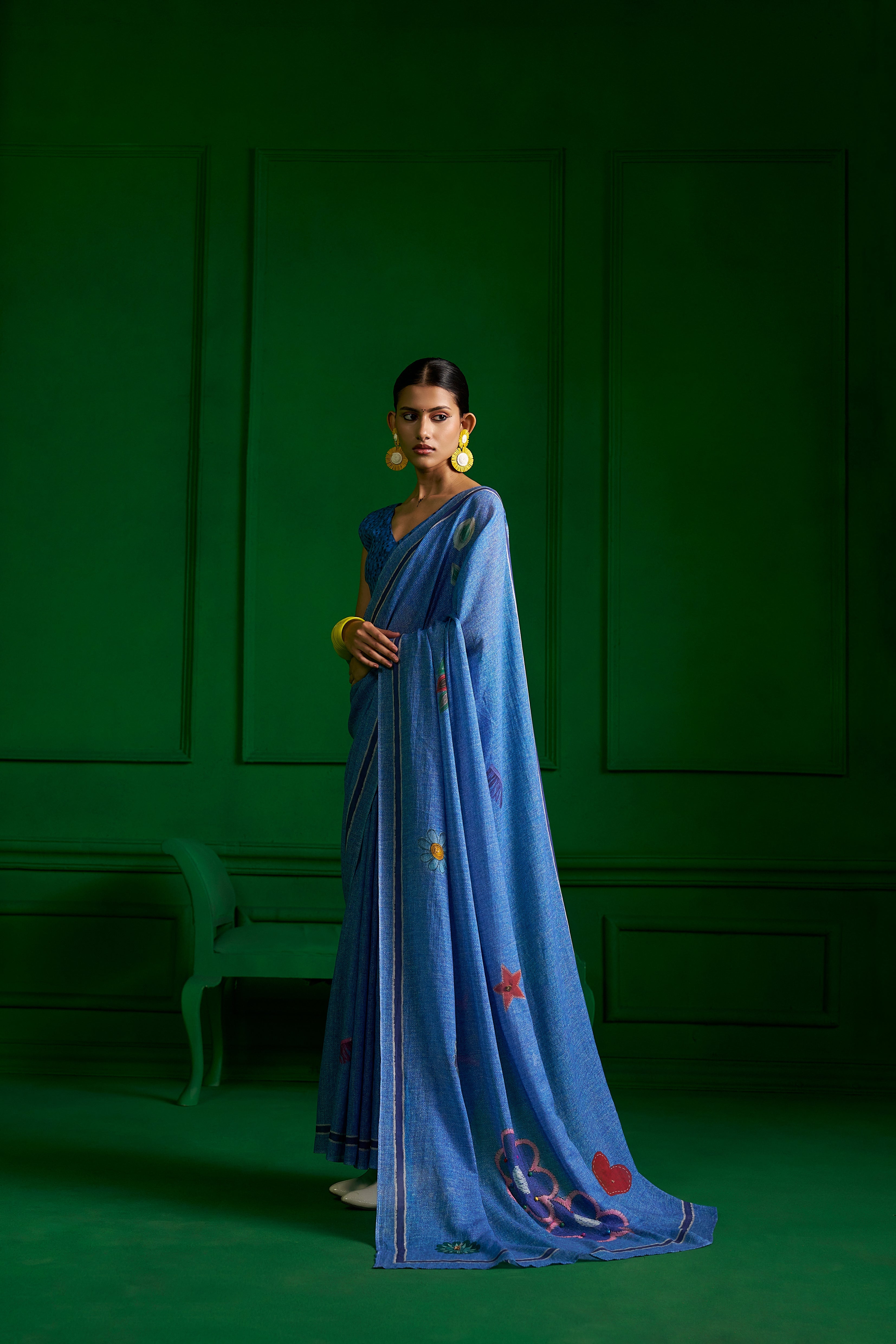 BRIGHT BLUE VISCOSE MUL VINTAGE VIBE DENIM SAREE