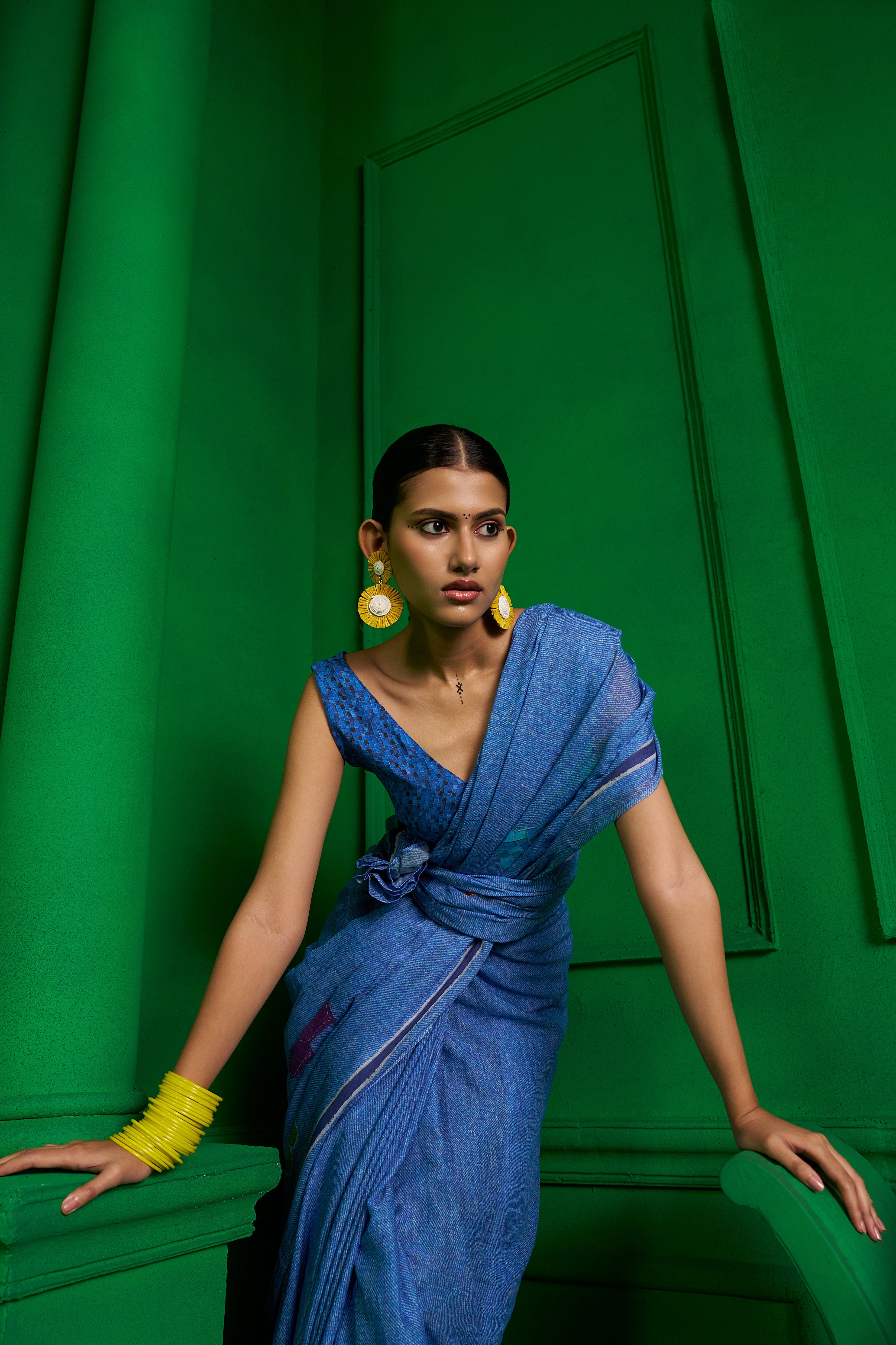 BRIGHT BLUE VISCOSE MUL VINTAGE VIBE DENIM SAREE