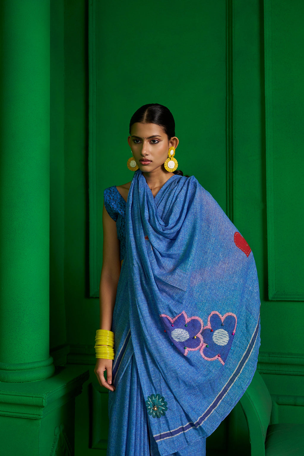 BRIGHT BLUE VISCOSE MUL VINTAGE VIBE DENIM SAREE