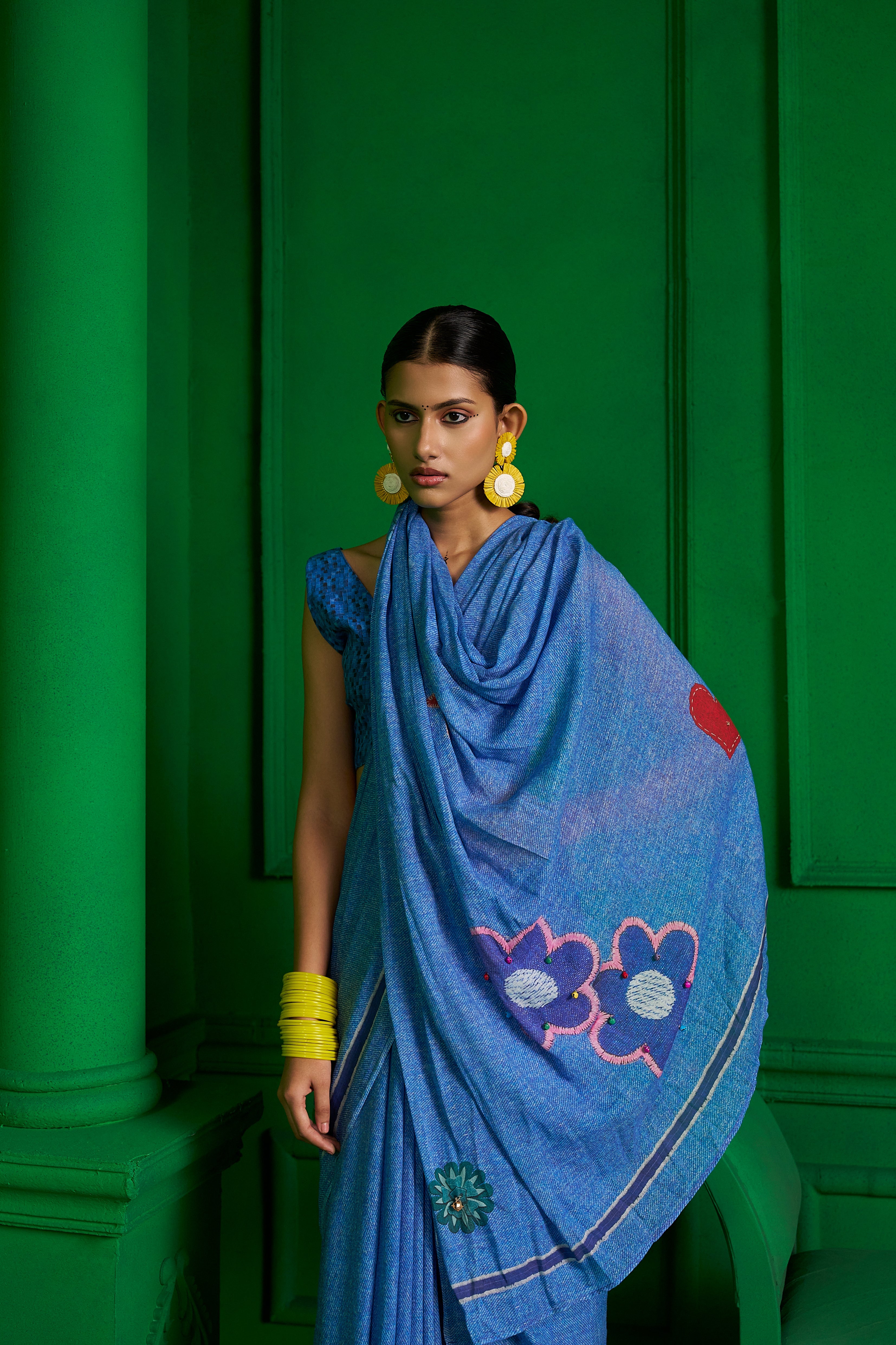 BRIGHT BLUE VISCOSE MUL VINTAGE VIBE DENIM SAREE