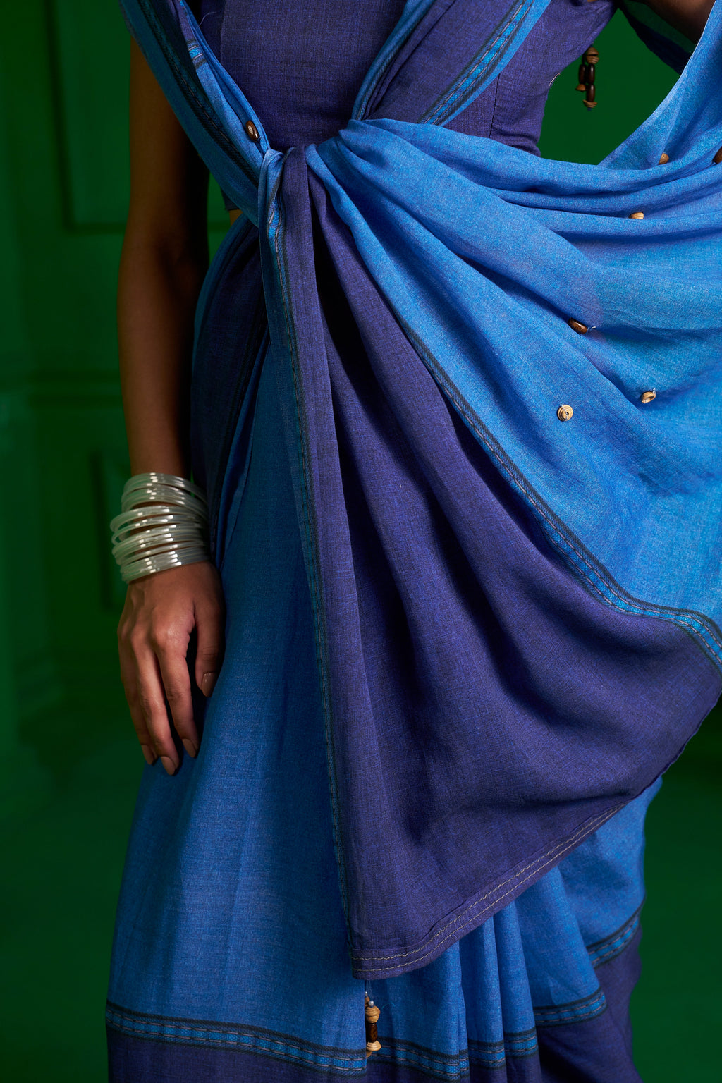 BRIGHT BLUE VISCOSE MUL INDIGO WHIMSY DENIM SAREE
